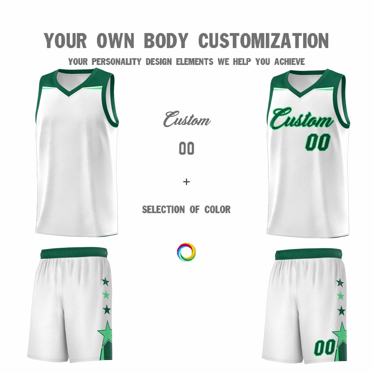 Custom Youth Basketball Uniform White Kelly Green Two Tone Side Star Add Name Number &amp; Logo