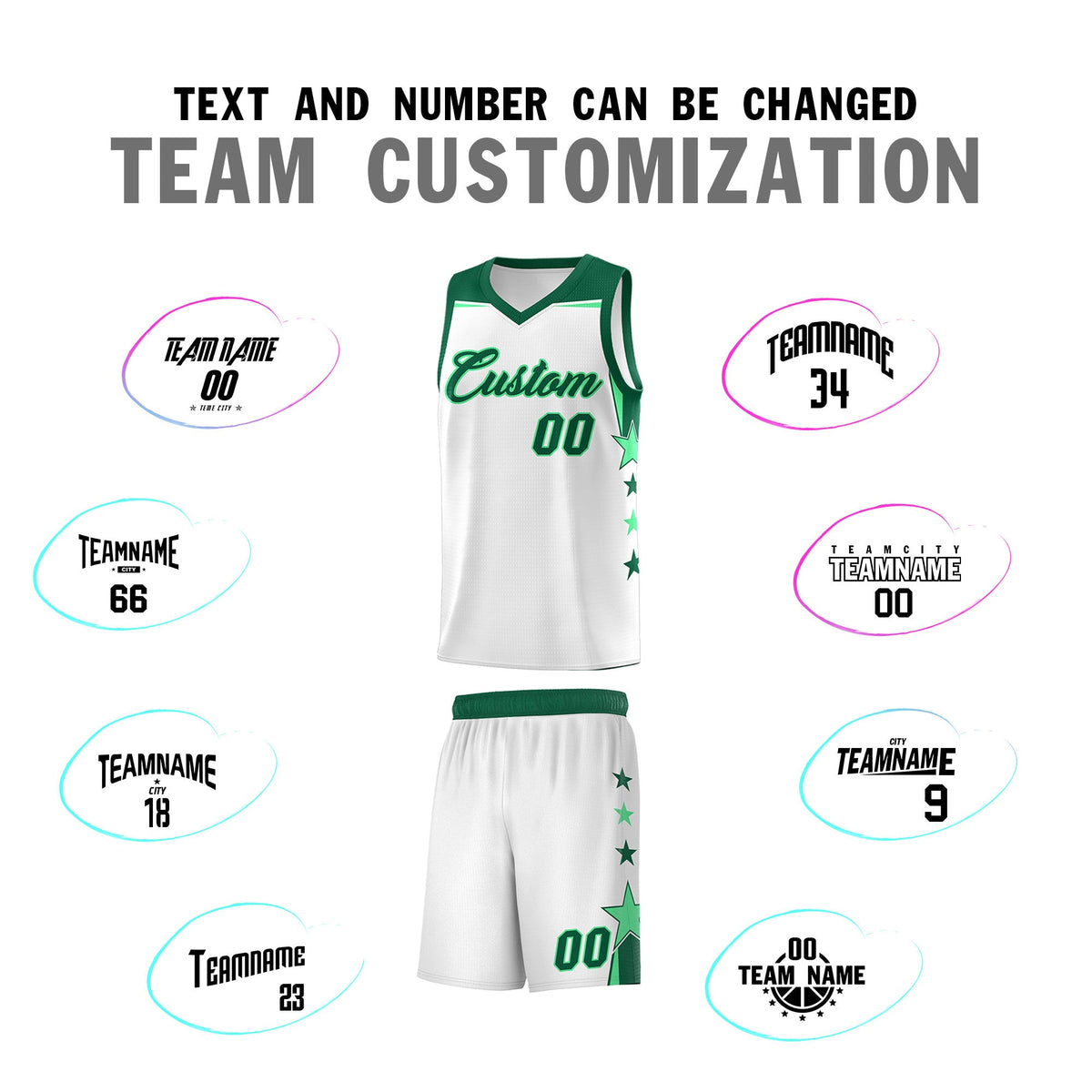 Custom Youth Basketball Uniform White Kelly Green Two Tone Side Star Add Name Number &amp; Logo