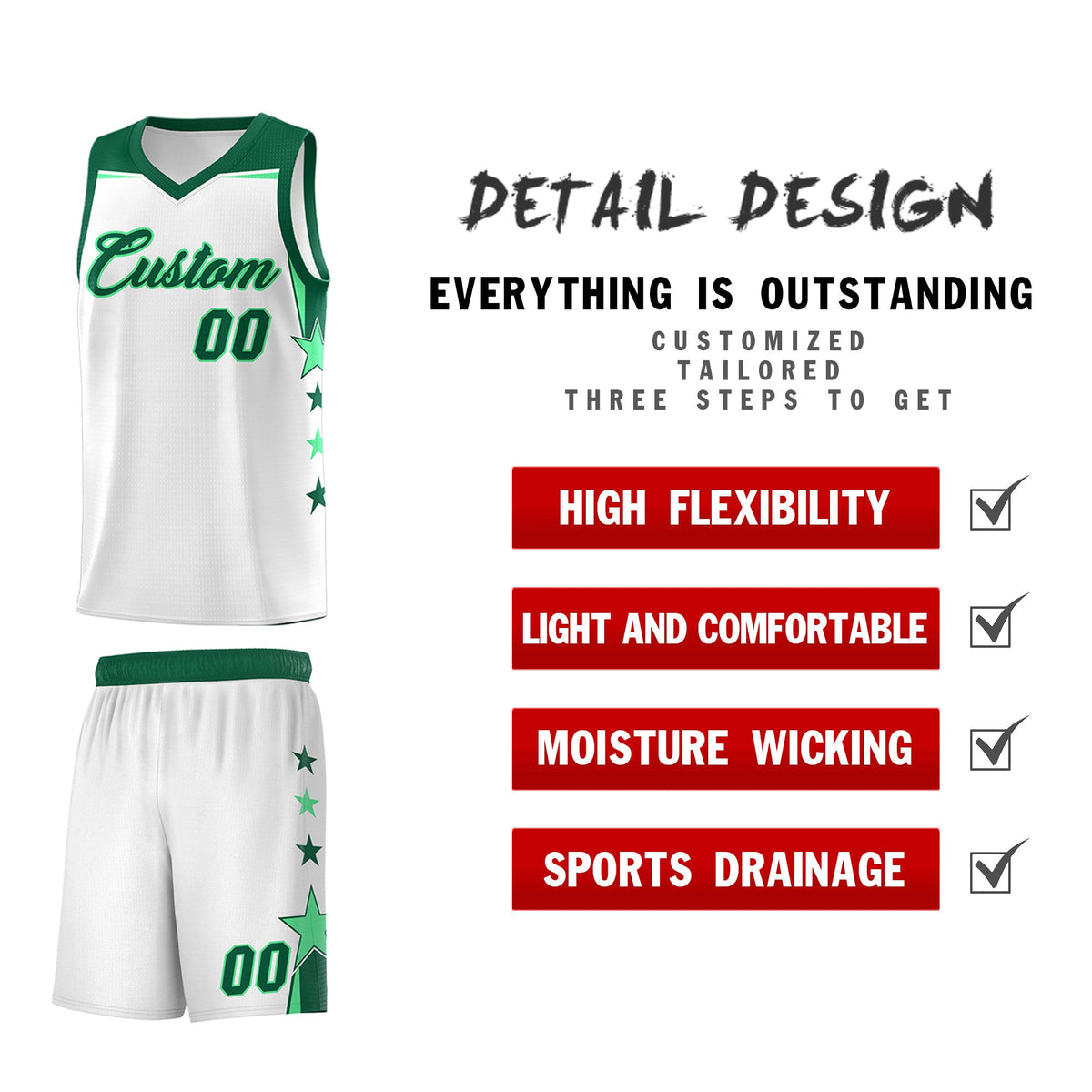 Custom Youth Basketball Uniform White Kelly Green Two Tone Side Star Add Name Number &amp; Logo