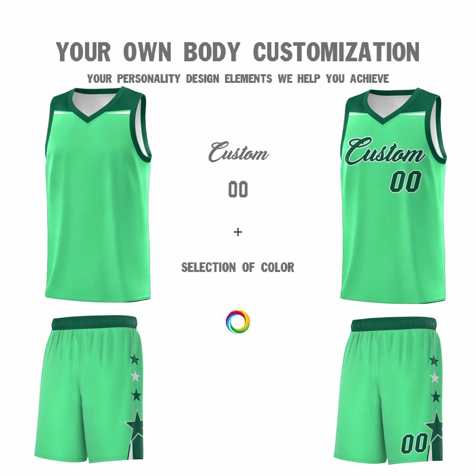 Custom Youth Basketball Uniform Green Kelly Green Two Tone Side Star Color Block Team Jersey