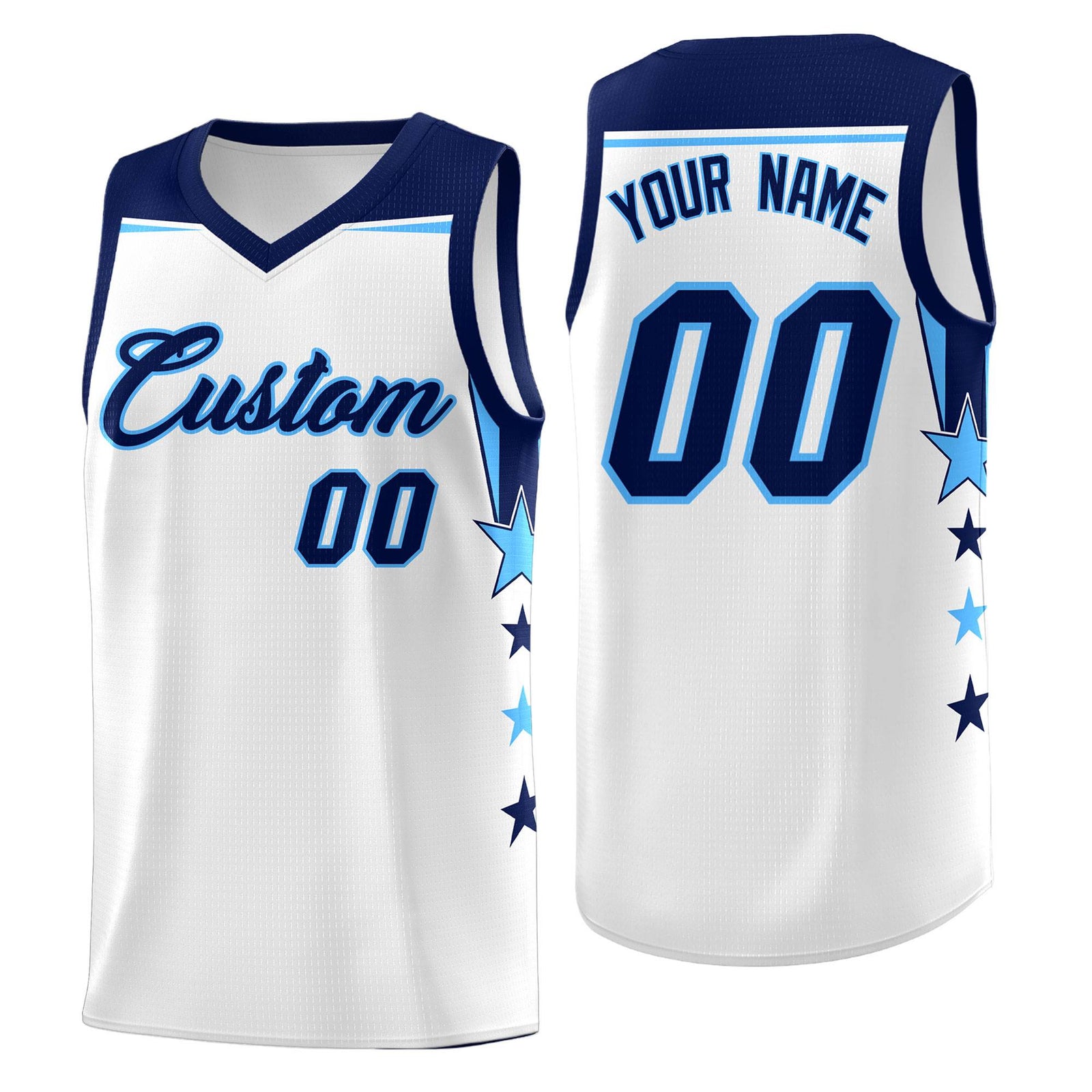 Custom Youth Basketball Uniform White Navy Two Tone Side Star Add Name Number & Logo