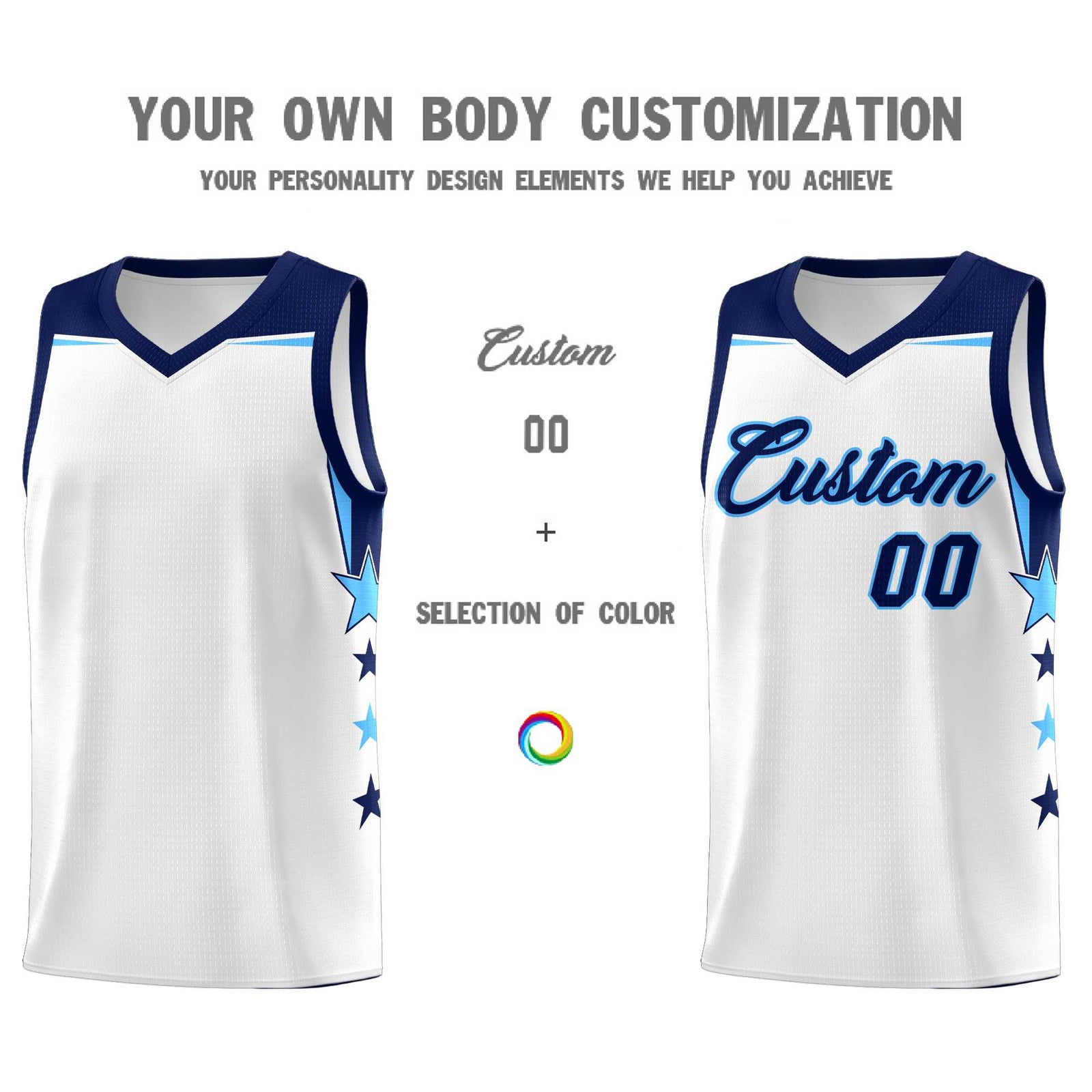 Custom Youth Basketball Uniform White Navy Two Tone Side Star Add Name Number & Logo