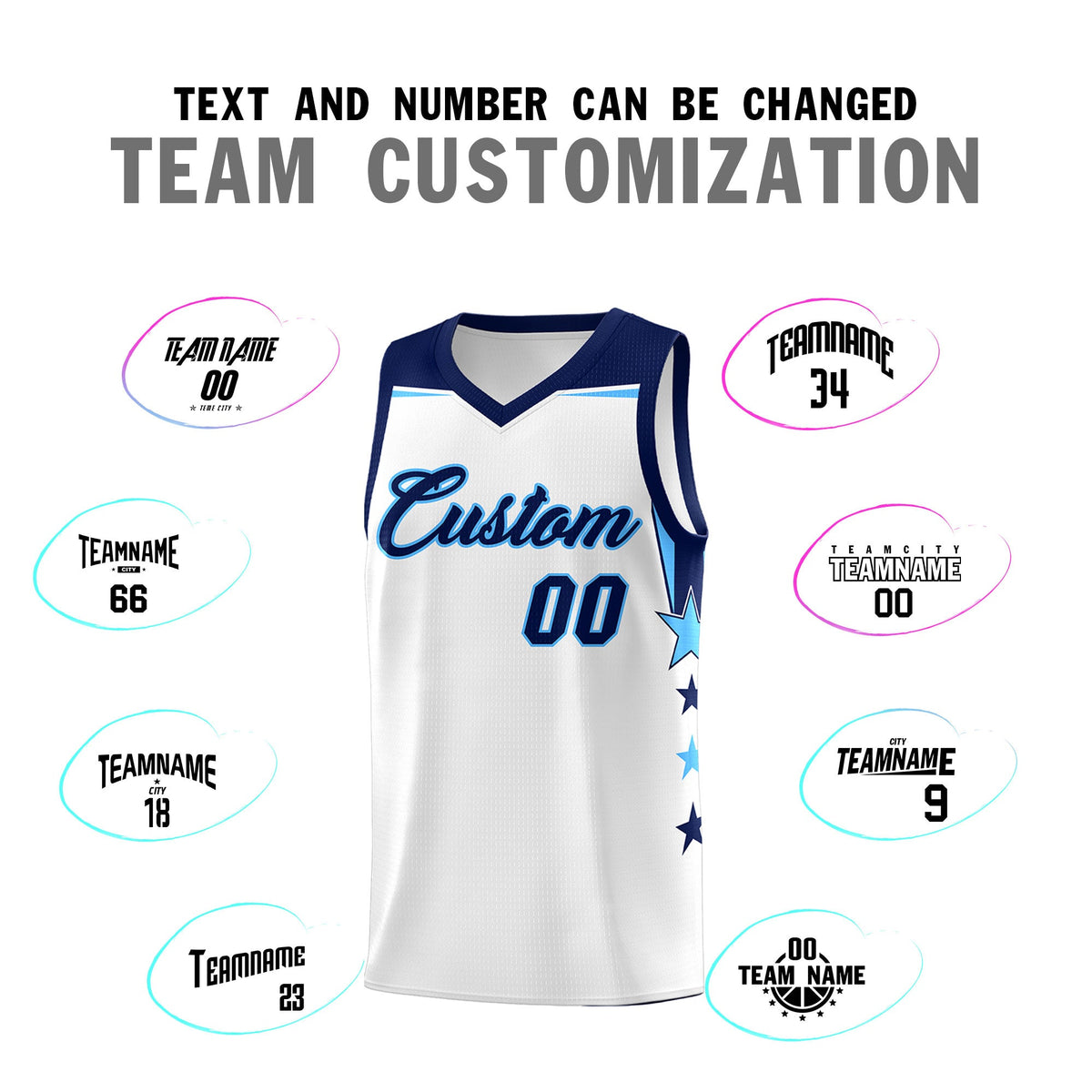 Custom Youth Basketball Uniform White Navy Two Tone Side Star Add Name Number &amp; Logo