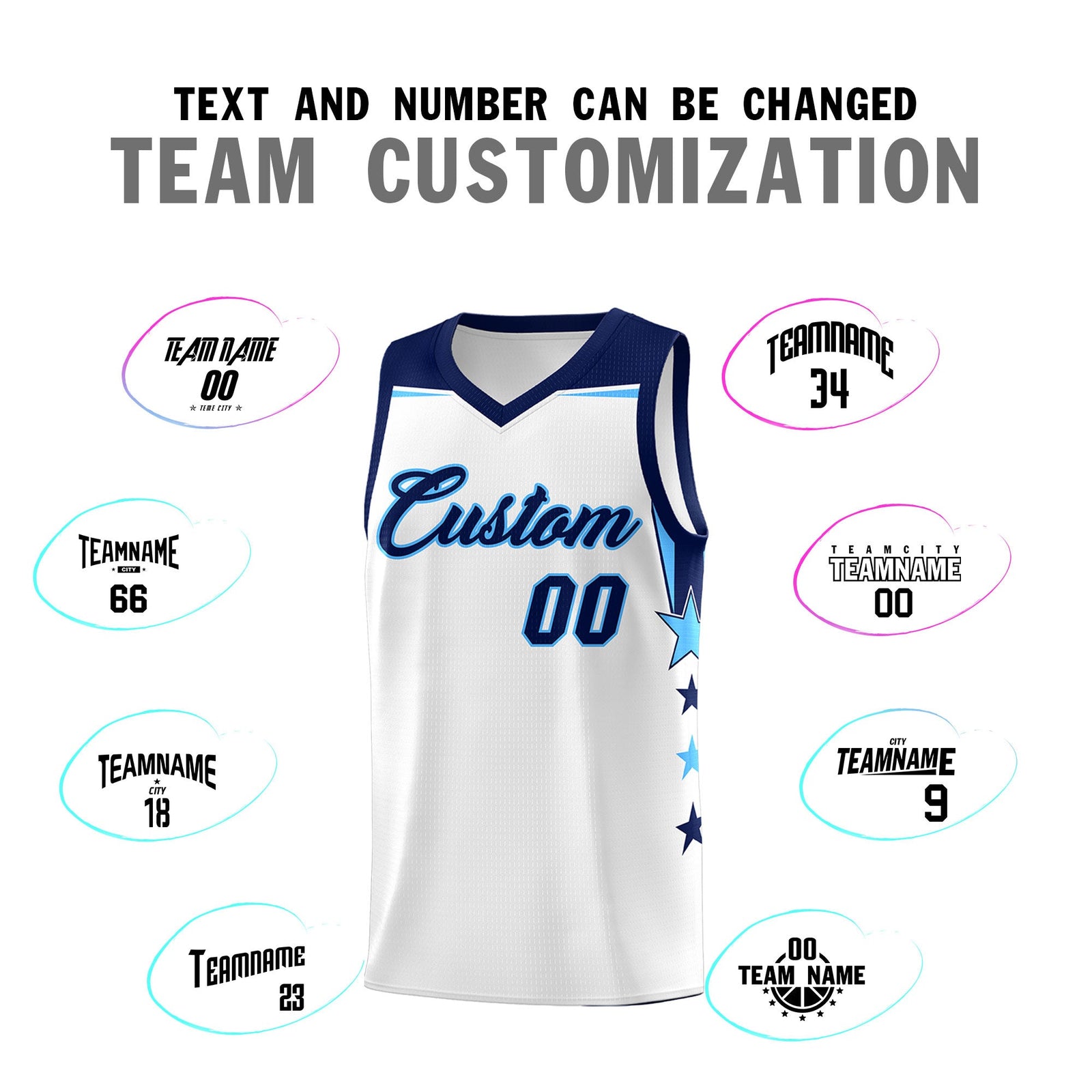 Custom Youth Basketball Uniform White Navy Two Tone Side Star Add Name Number & Logo