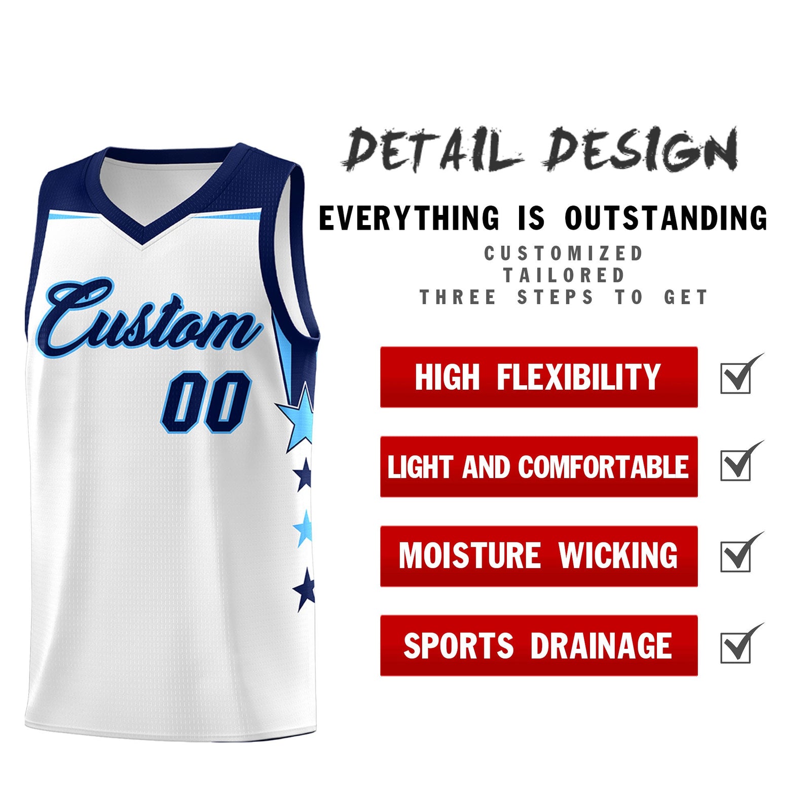 Custom Youth Basketball Uniform White Navy Two Tone Side Star Add Name Number & Logo