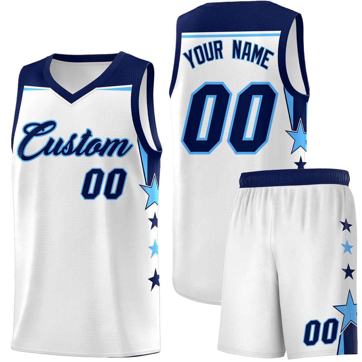 Custom Youth Basketball Uniform White Navy Two Tone Side Star Add Name Number &amp; Logo