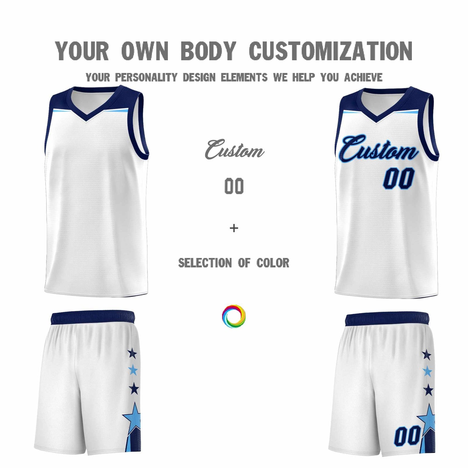 Custom Youth Basketball Uniform White Navy Two Tone Side Star Add Name Number & Logo