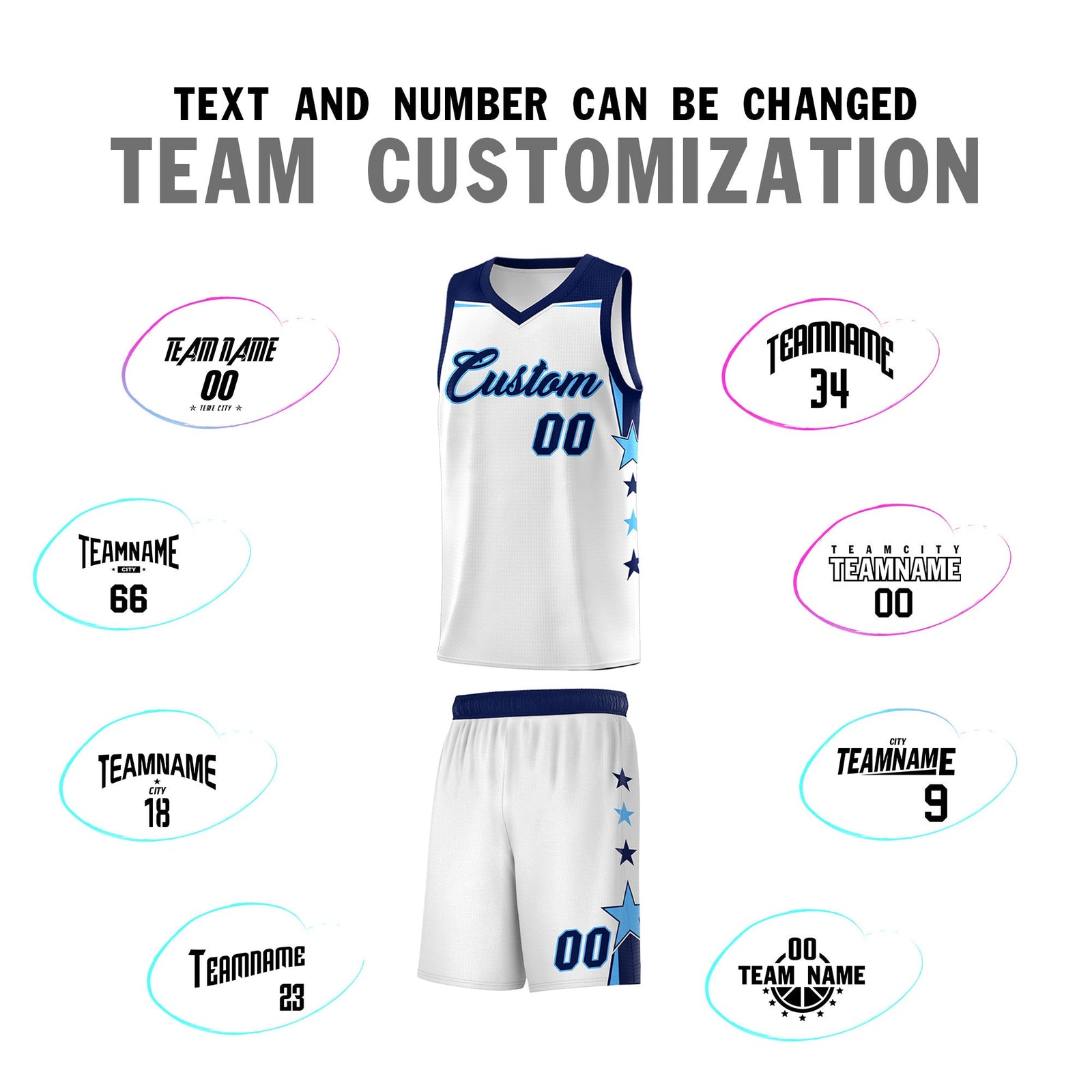 Custom Youth Basketball Uniform White Navy Two Tone Side Star Add Name Number & Logo