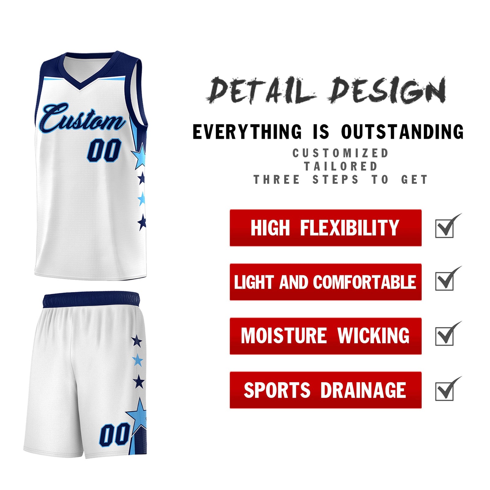 Custom Youth Basketball Uniform White Navy Two Tone Side Star Add Name Number & Logo