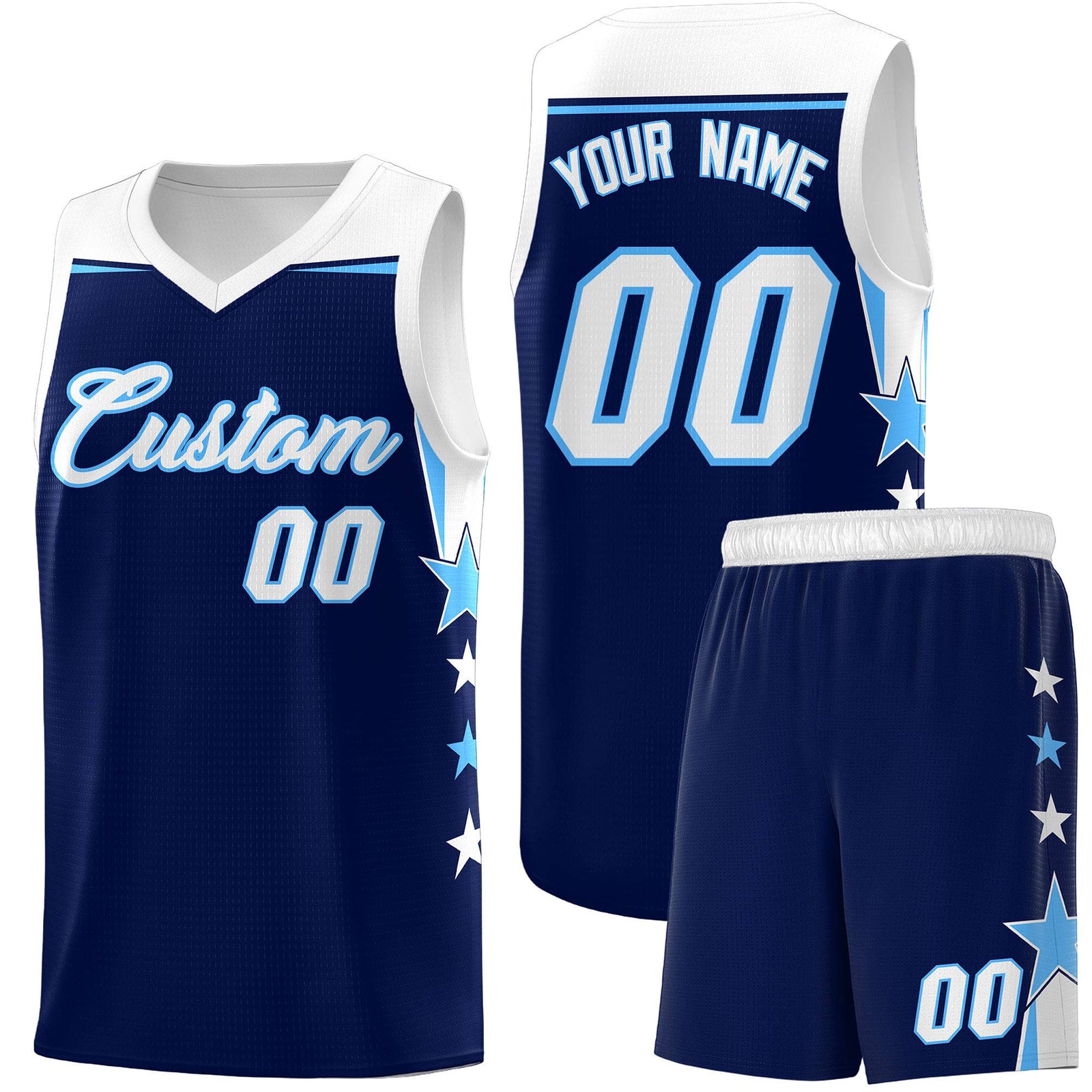 Custom Youth Basketball Uniform Navy White Two Tone Side Star Personalized Team Jersey