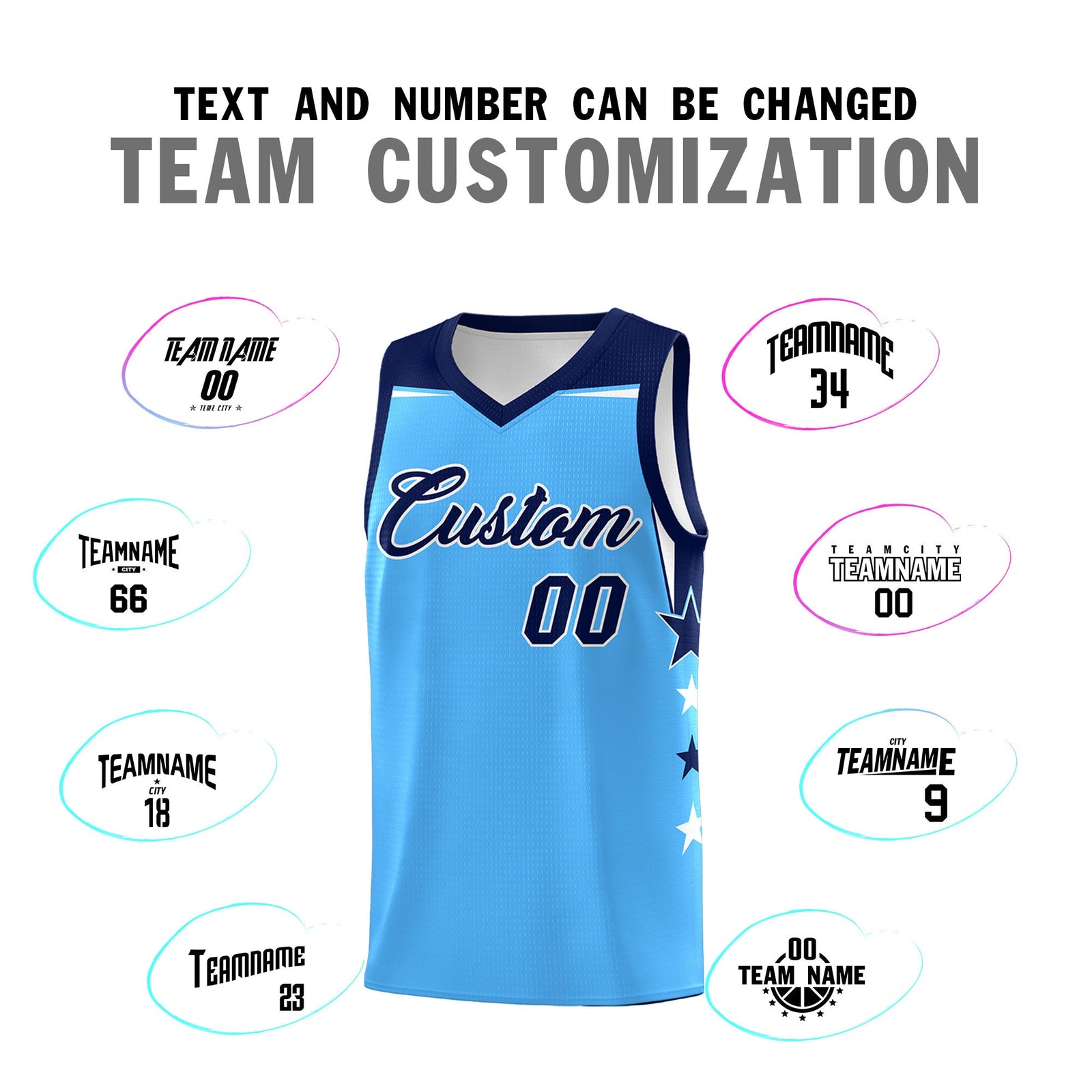 Custom Youth Basketball Uniform Powder Blue Navy Two Tone Side Star Color Block Team Jersey