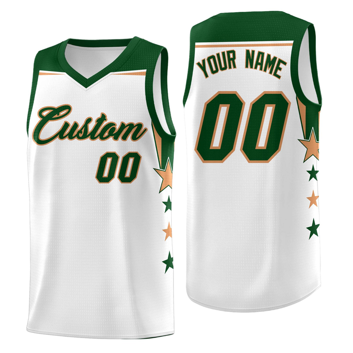 Custom Youth Basketball Uniform White Green Two Tone Side Star Add Name Number &amp; Logo