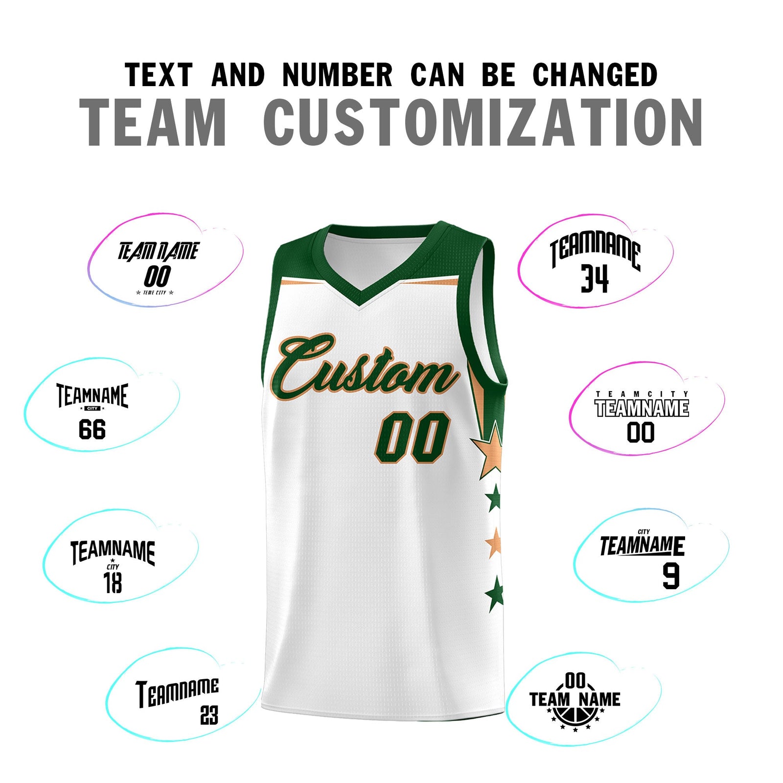Custom Youth Basketball Uniform White Green Two Tone Side Star Add Name Number & Logo