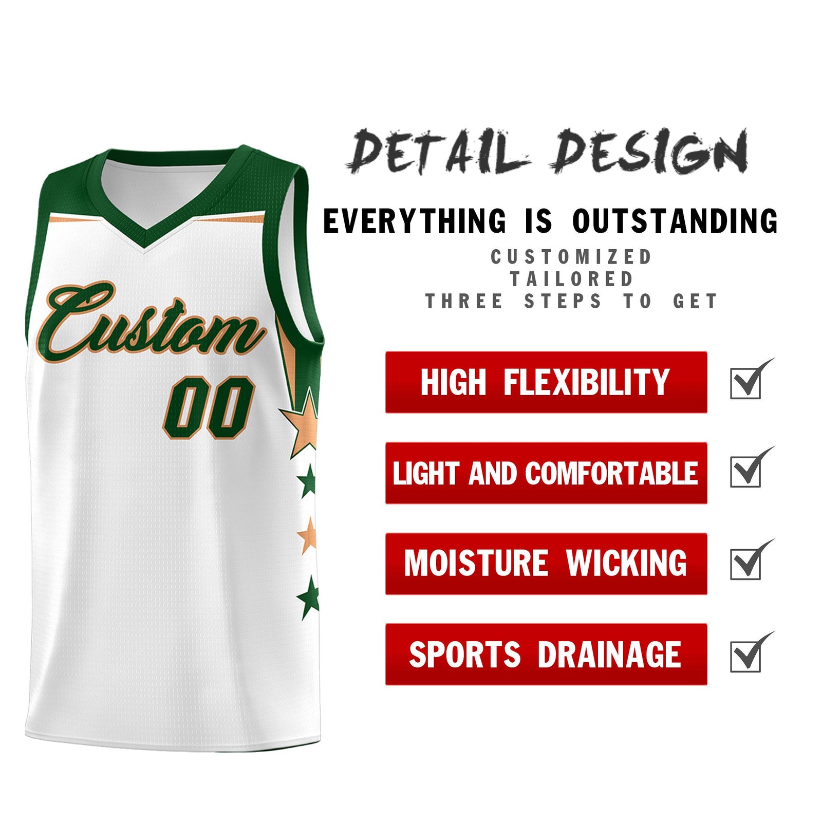 Custom Youth Basketball Uniform White Green Two Tone Side Star Add Name Number & Logo