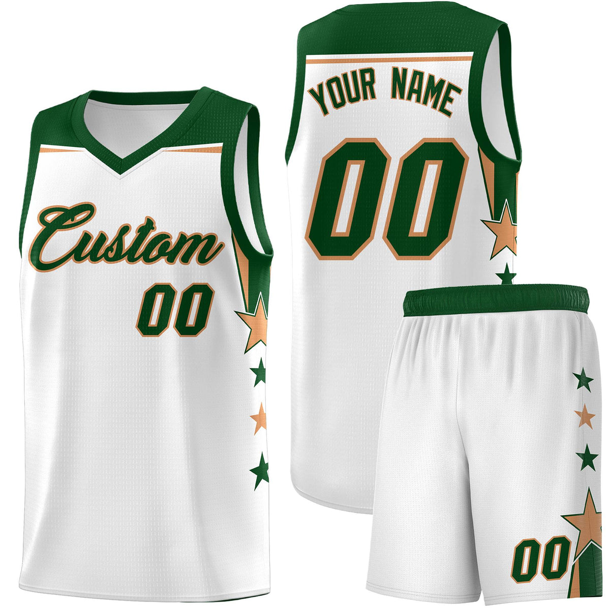 Custom Youth Basketball Uniform White Green Two Tone Side Star Add Name Number &amp; Logo