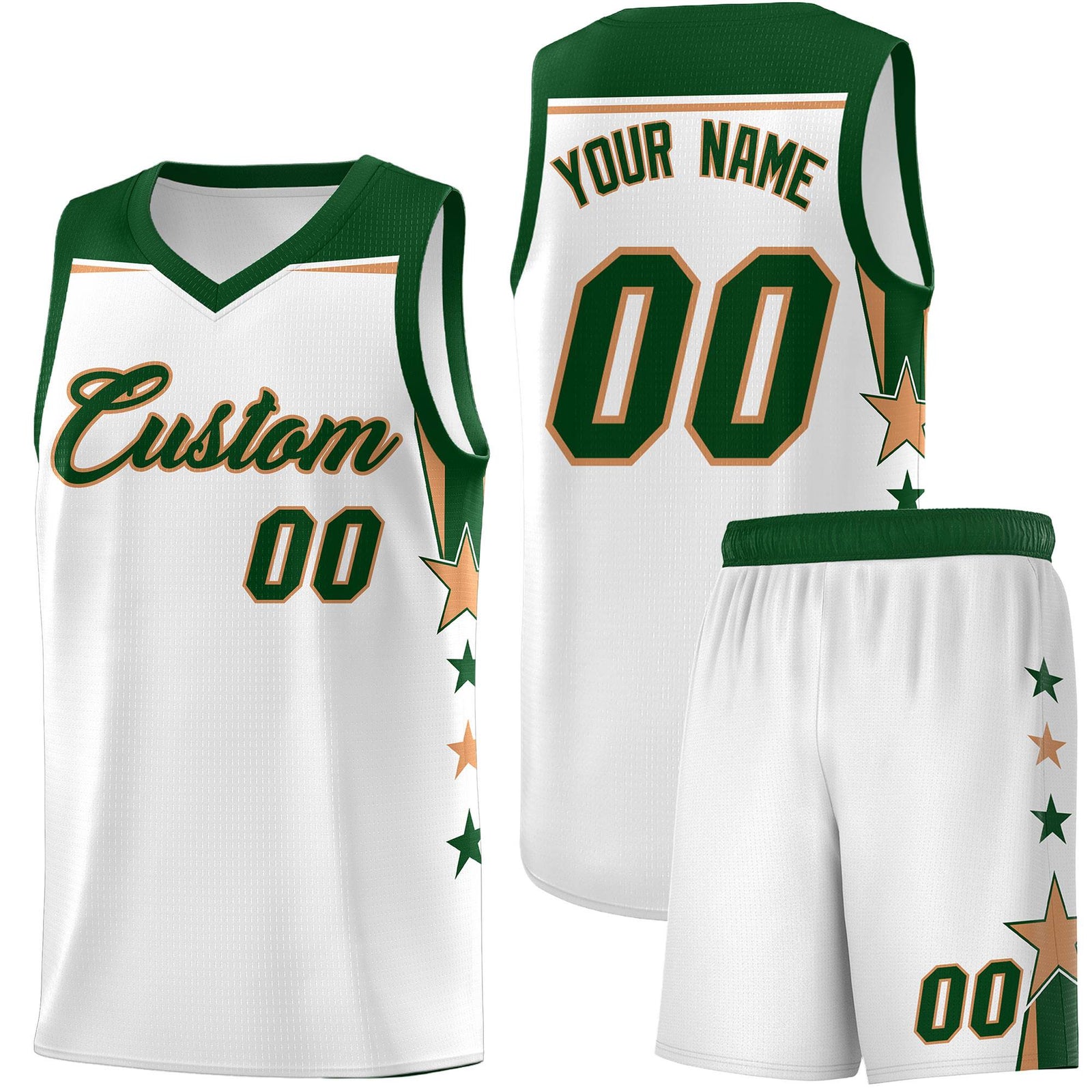 Custom Youth Basketball Uniform White Green Two Tone Side Star Add Name Number & Logo