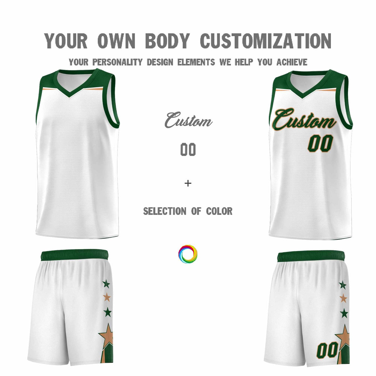 Custom Youth Basketball Uniform White Green Two Tone Side Star Add Name Number &amp; Logo