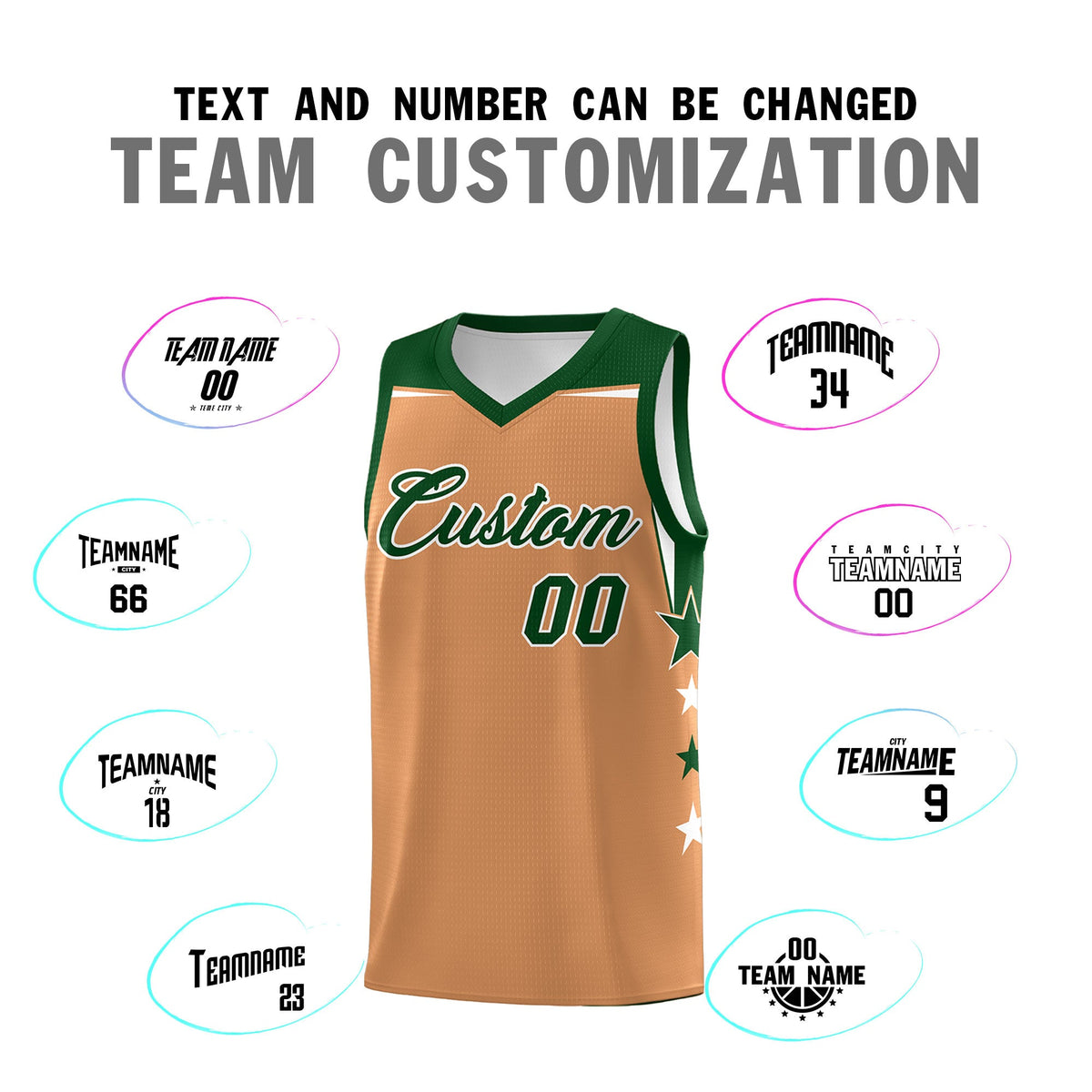 Custom Youth Basketball Uniform Buckskin Brown Green Two Tone Side Star Color Block Team Jersey