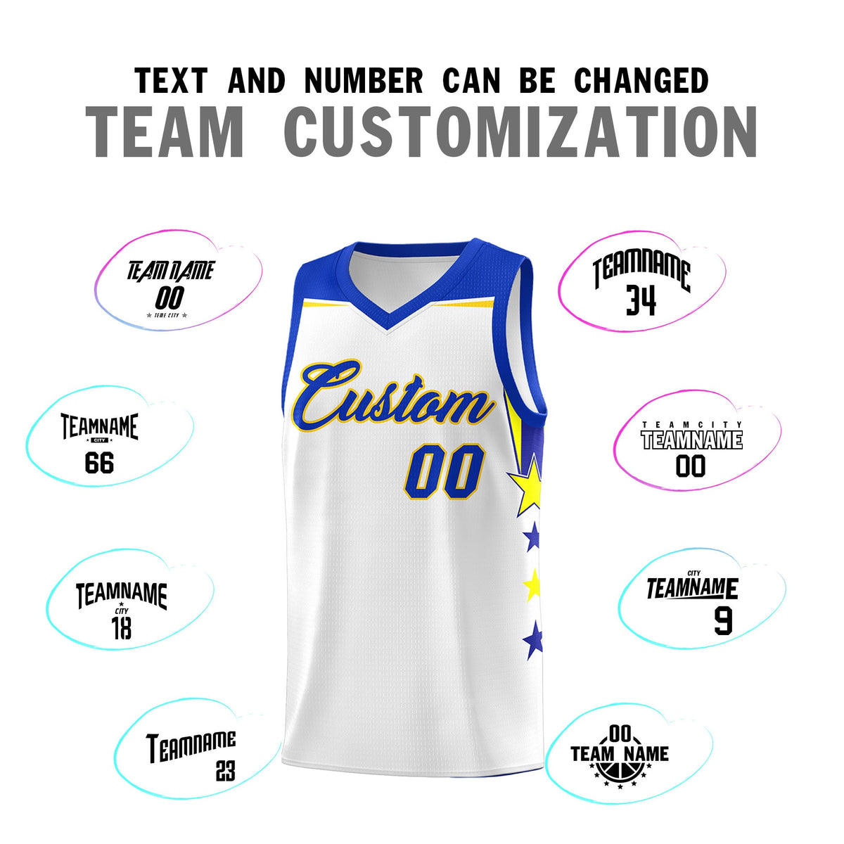 Custom Youth Basketball Uniform White Royal Two Tone Side Star Add Name Number &amp; Logo