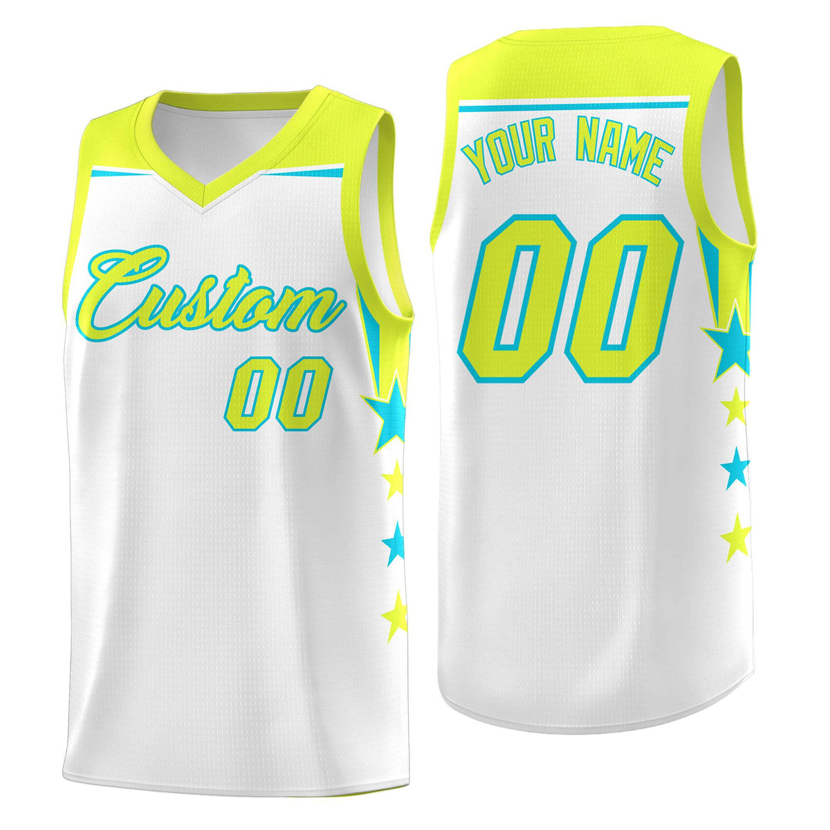 Custom Youth Basketball Uniform White Fluorescent Green Two Tone Side Star Add Name Number &amp; Logo