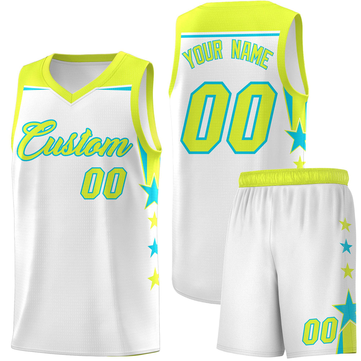 Custom Youth Basketball Uniform White Fluorescent Green Two Tone Side Star Add Name Number &amp; Logo