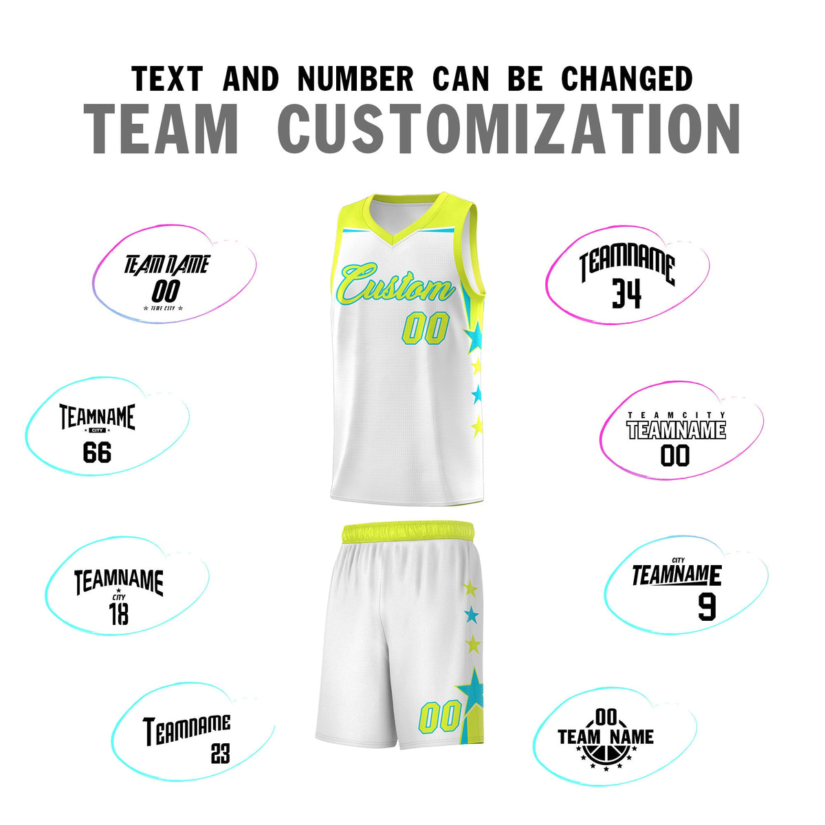 Custom Youth Basketball Uniform White Fluorescent Green Two Tone Side Star Add Name Number &amp; Logo