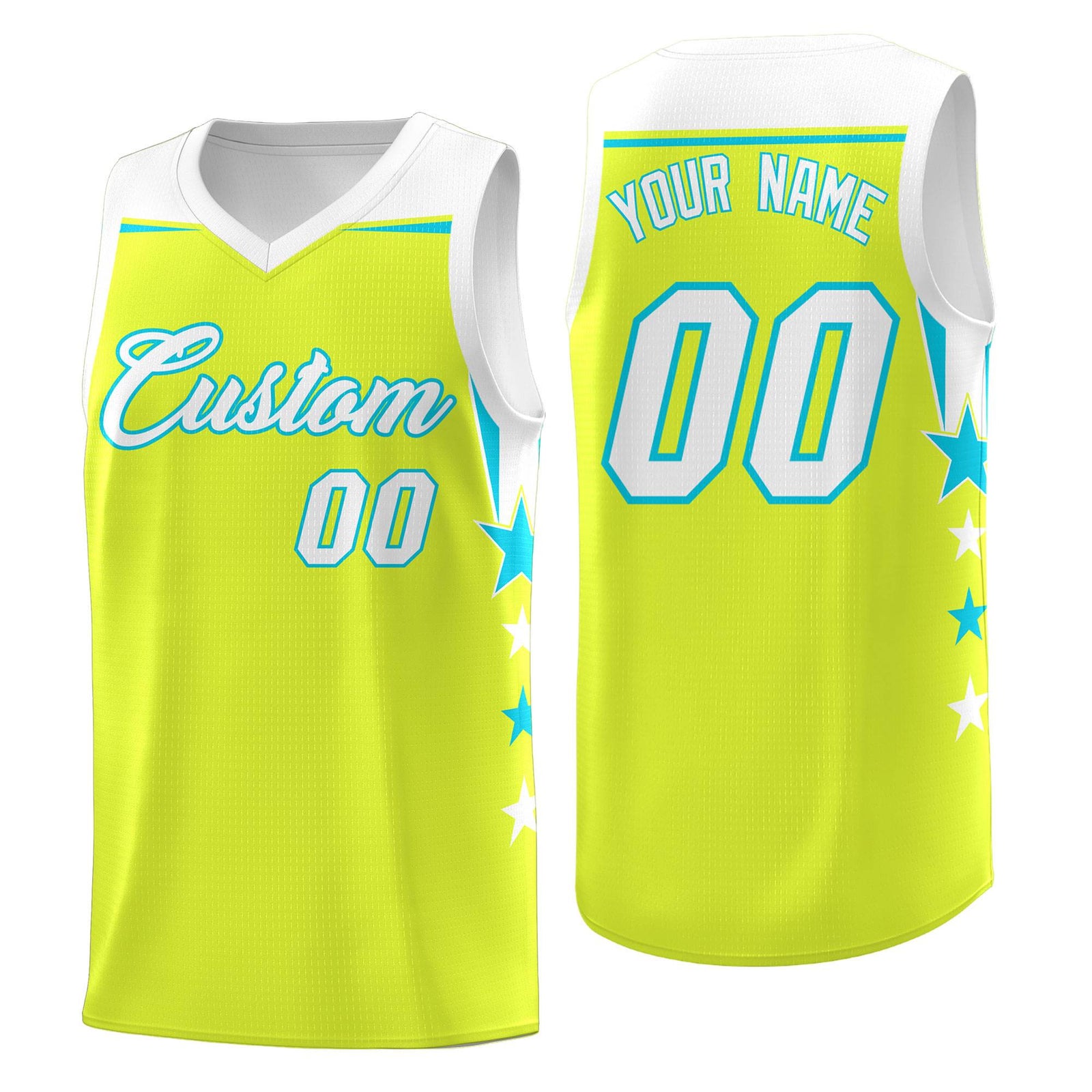 Custom Youth Basketball Uniform Fluorescent Green White Two Tone Side Star Personalized Team Jersey