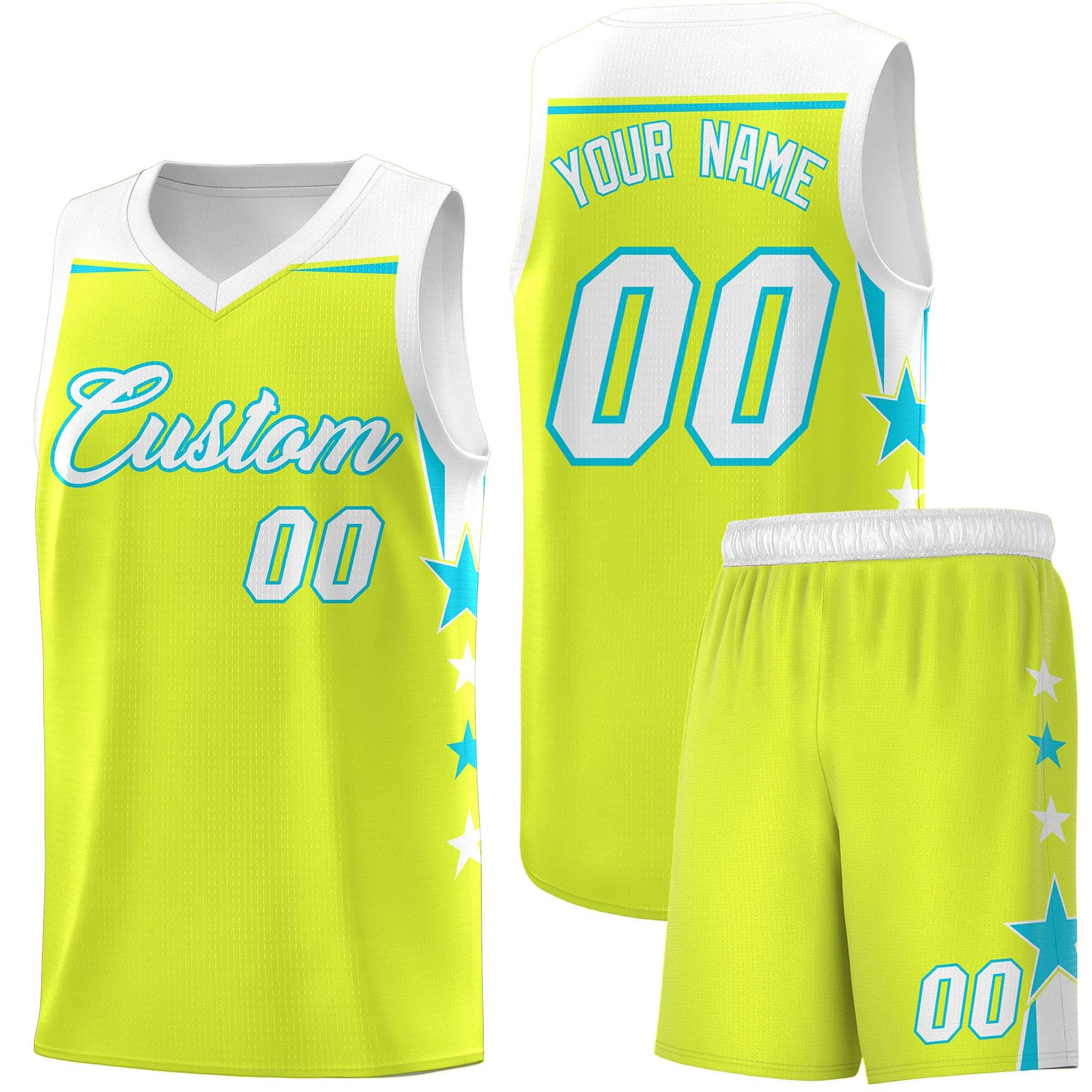 Custom Youth Basketball Uniform Fluorescent Green White Two Tone Side Star Personalized Team Jersey