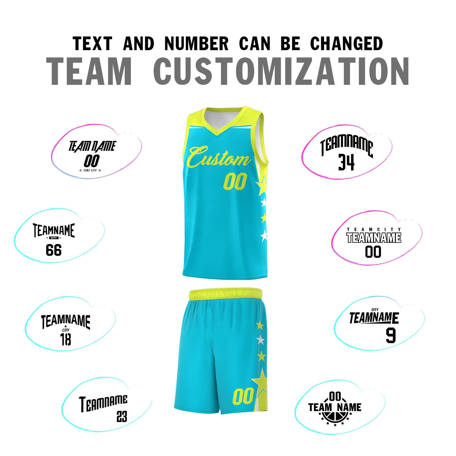 Custom Youth Basketball Uniform Sky Blue Fluorescent Green Two Tone Side Star Color Block Team Jersey