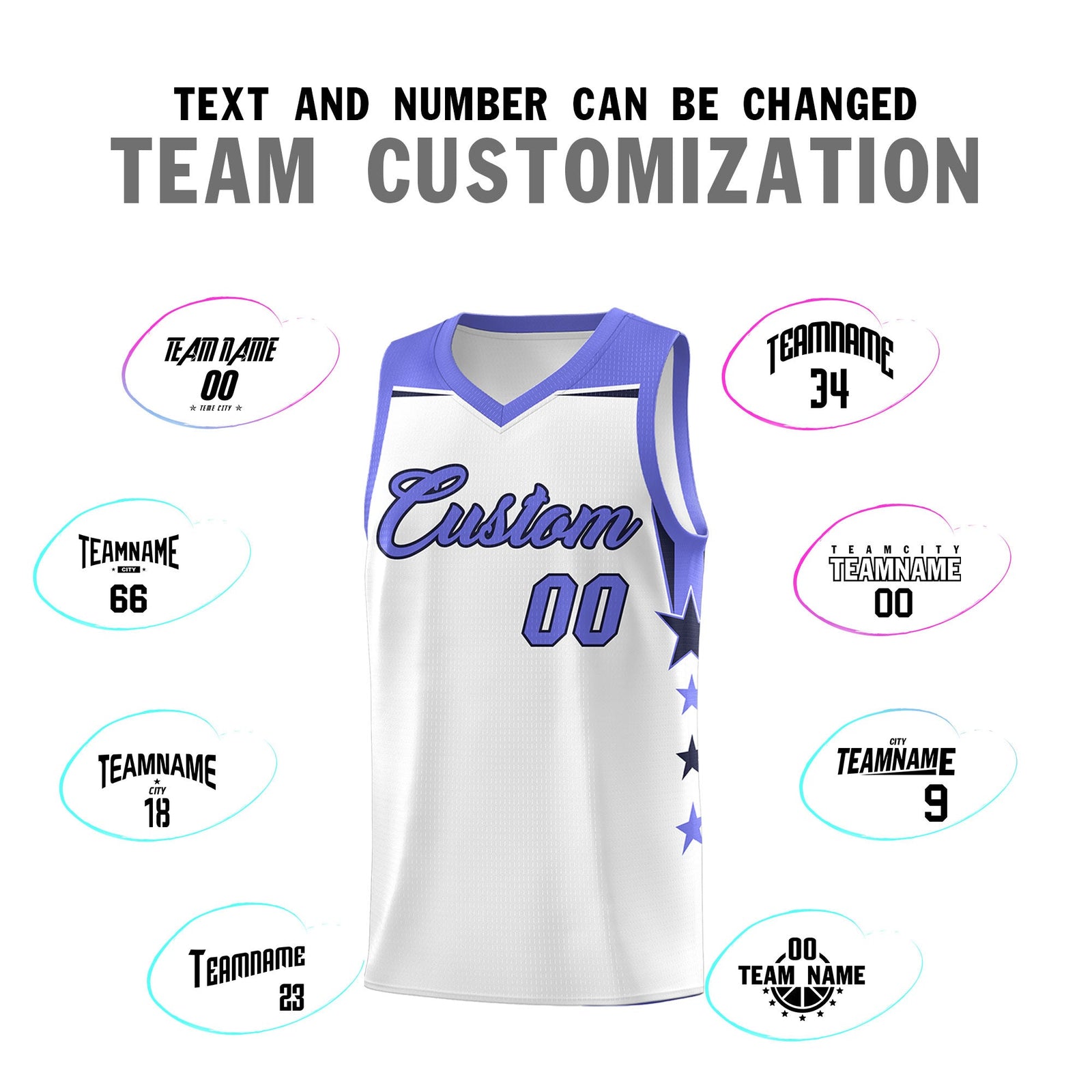 Custom Youth Basketball Uniform White Purple Two Tone Side Star Add Name Number & Logo