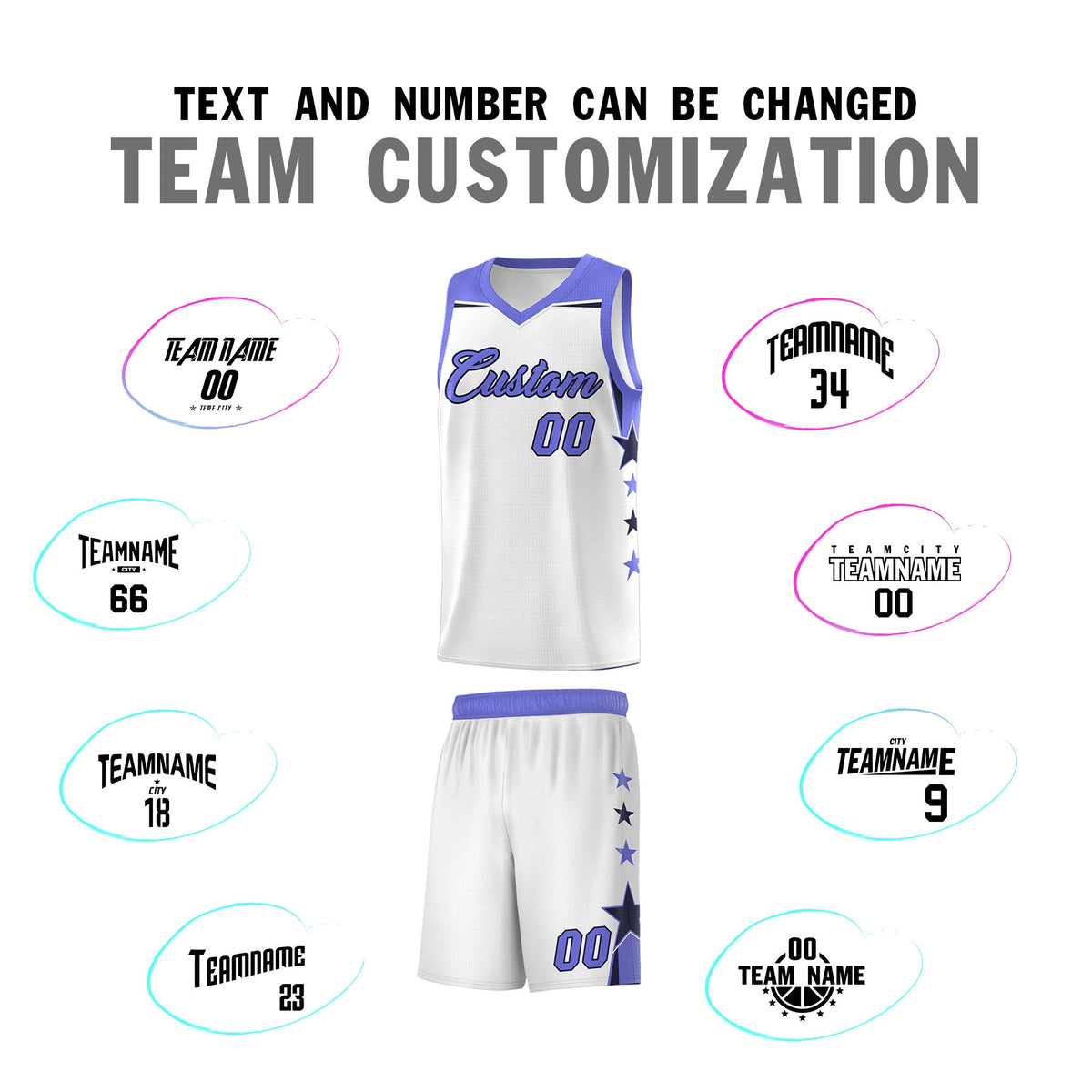 Custom Youth Basketball Uniform White Purple Two Tone Side Star Add Name Number &amp; Logo