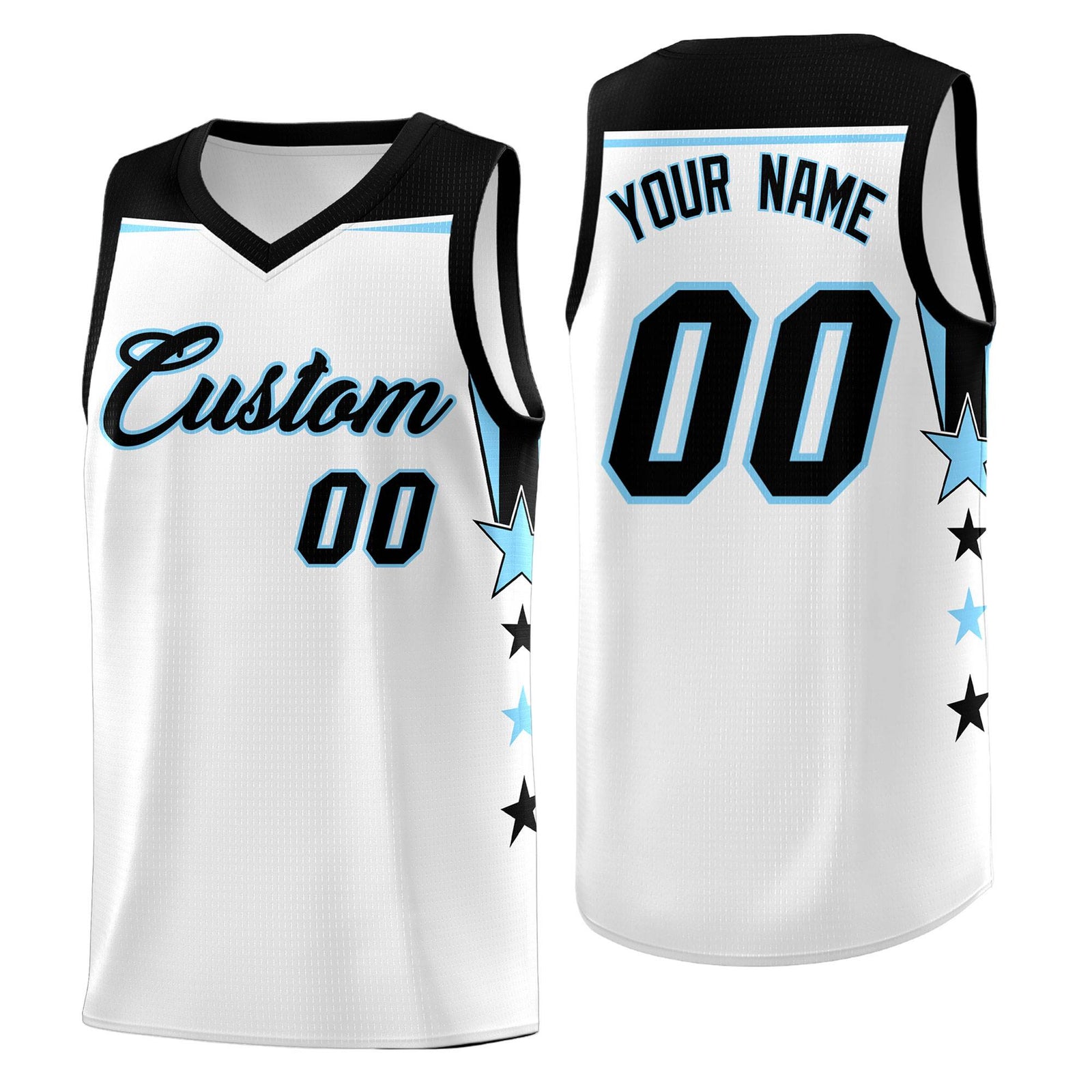 Custom Youth Basketball Uniform White Light Blue Two Tone Side Star Add Name Number & Logo