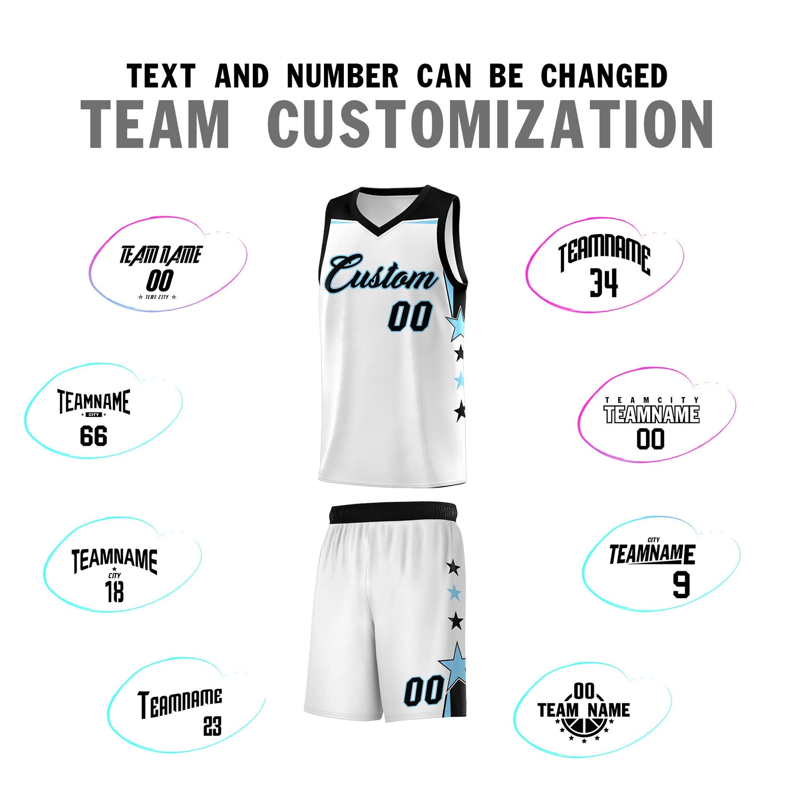 Custom Youth Basketball Uniform White Light Blue Two Tone Side Star Add Name Number & Logo