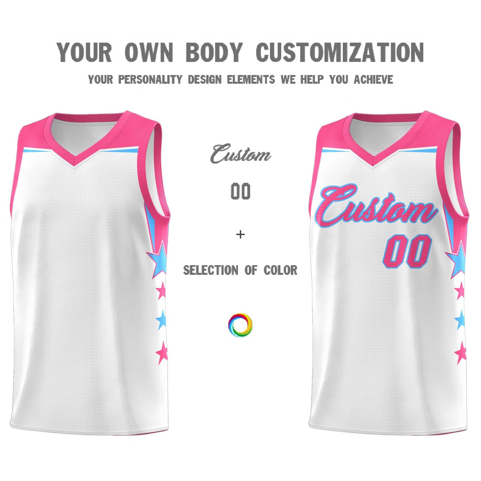 Custom Youth Basketball Uniform White Pink Two Tone Side Star Add Name Number & Logo