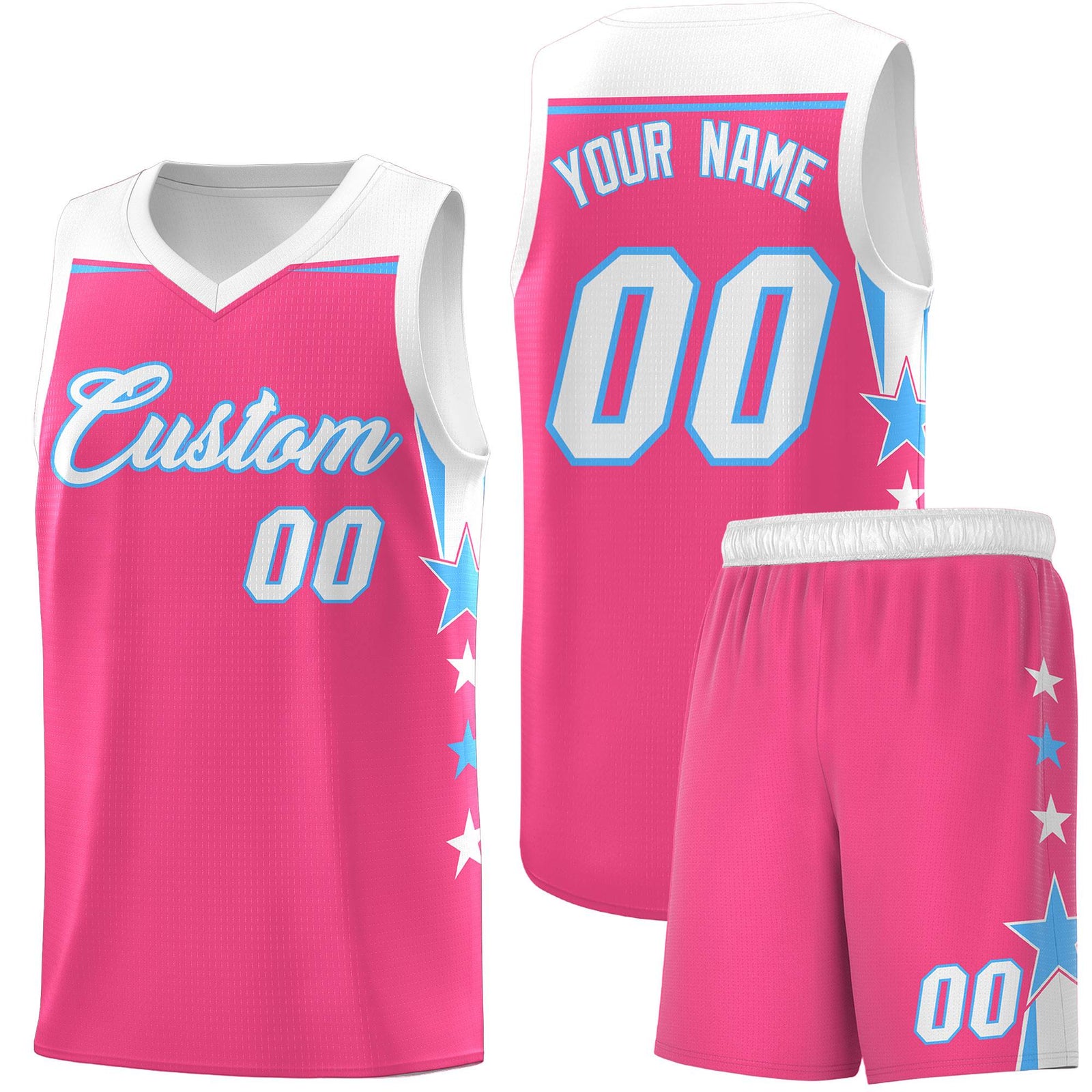 Custom Youth Basketball Uniform Pink White Two Tone Side Star Personalized Team Jersey