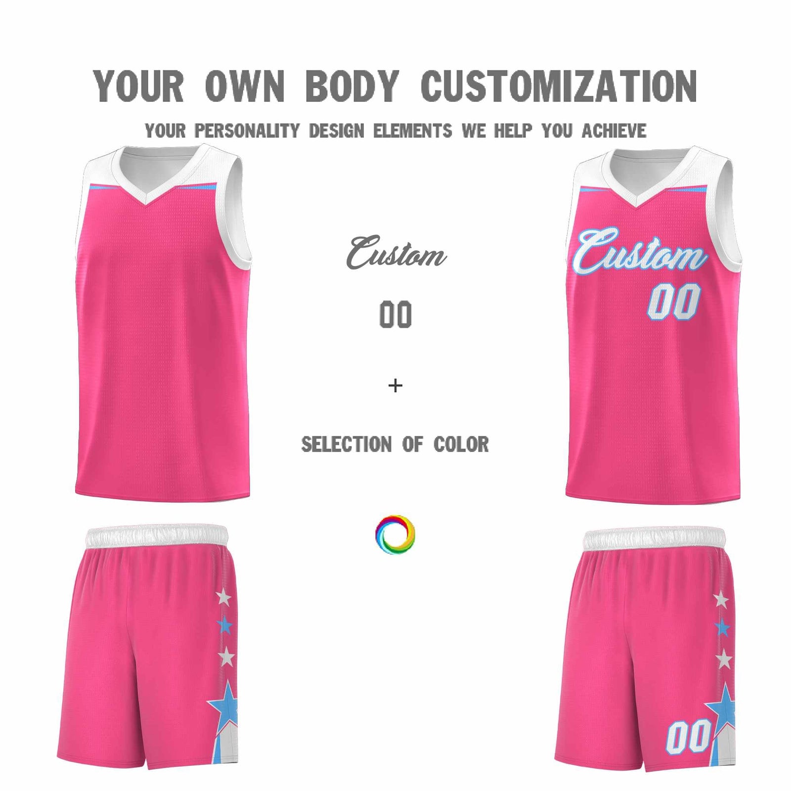 Custom Youth Basketball Uniform Pink White Two Tone Side Star Personalized Team Jersey