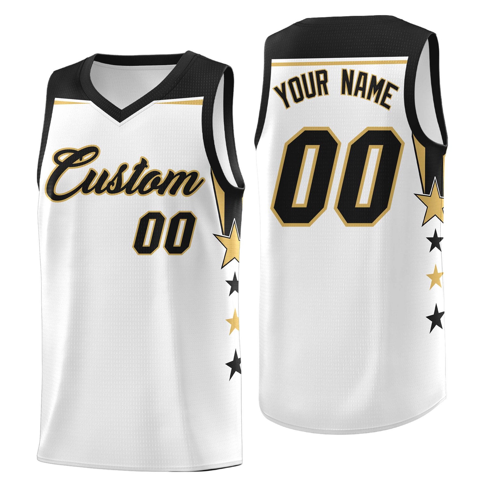 Custom Youth Basketball Uniform White Black Two Tone Side Star Add Name Number & Logo