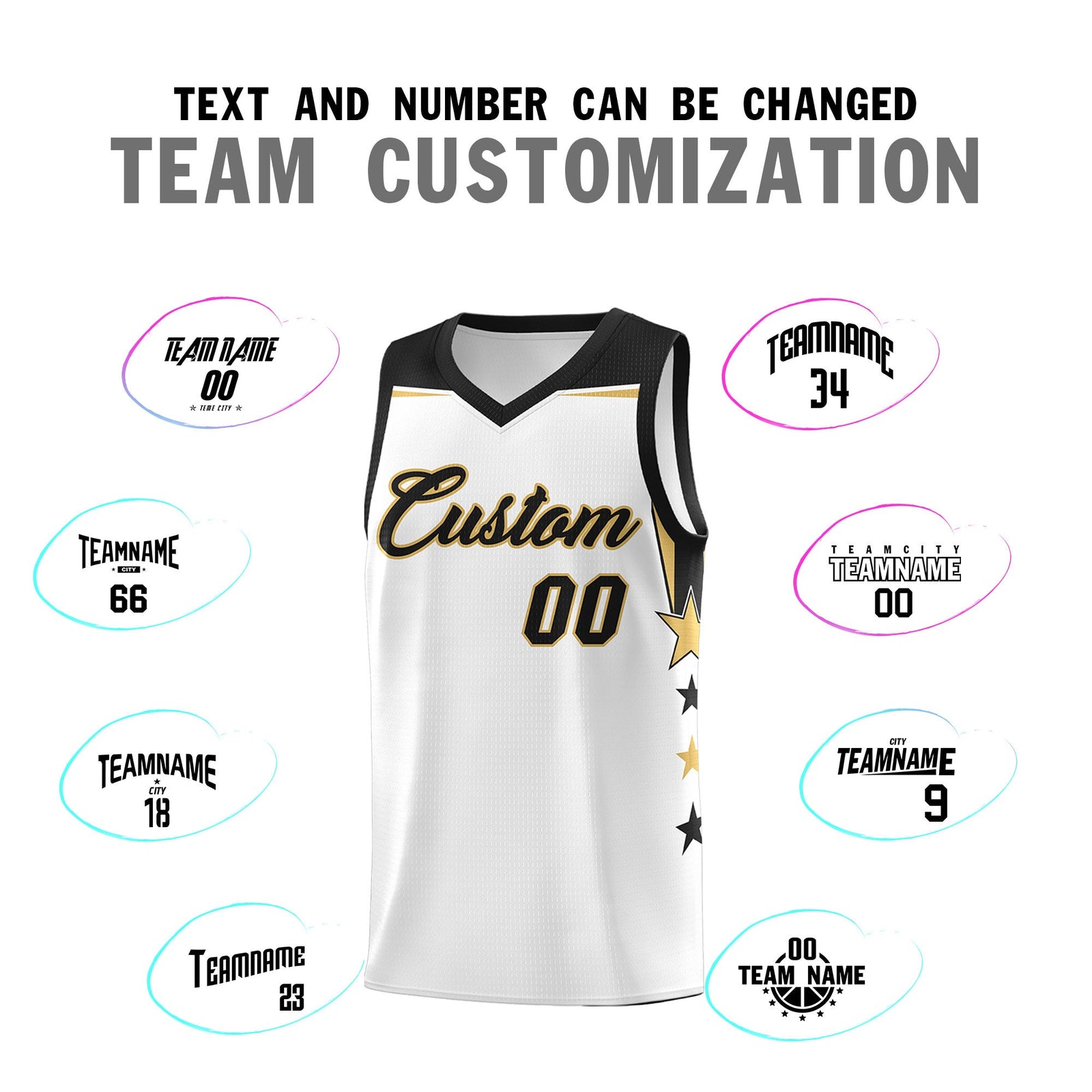 Custom Youth Basketball Uniform White Black Two Tone Side Star Add Name Number & Logo