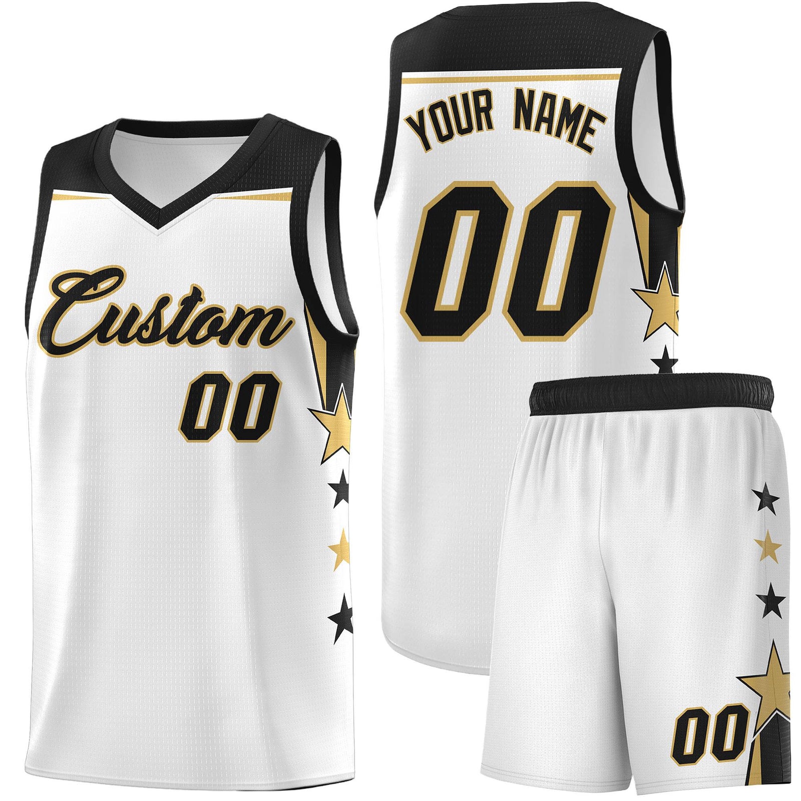 Custom Youth Basketball Uniform White Black Two Tone Side Star Add Name Number & Logo