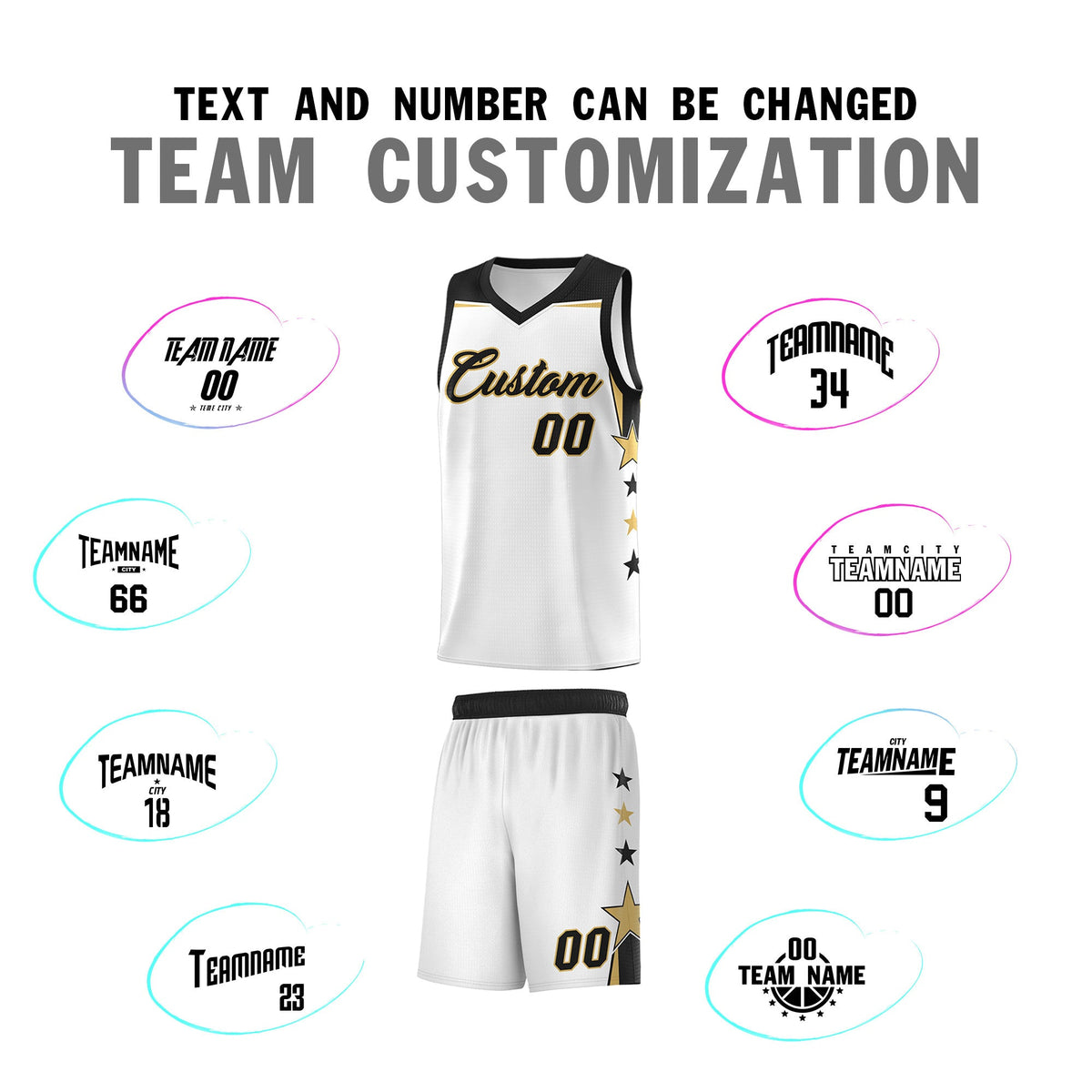 Custom Youth Basketball Uniform White Black Two Tone Side Star Add Name Number &amp; Logo