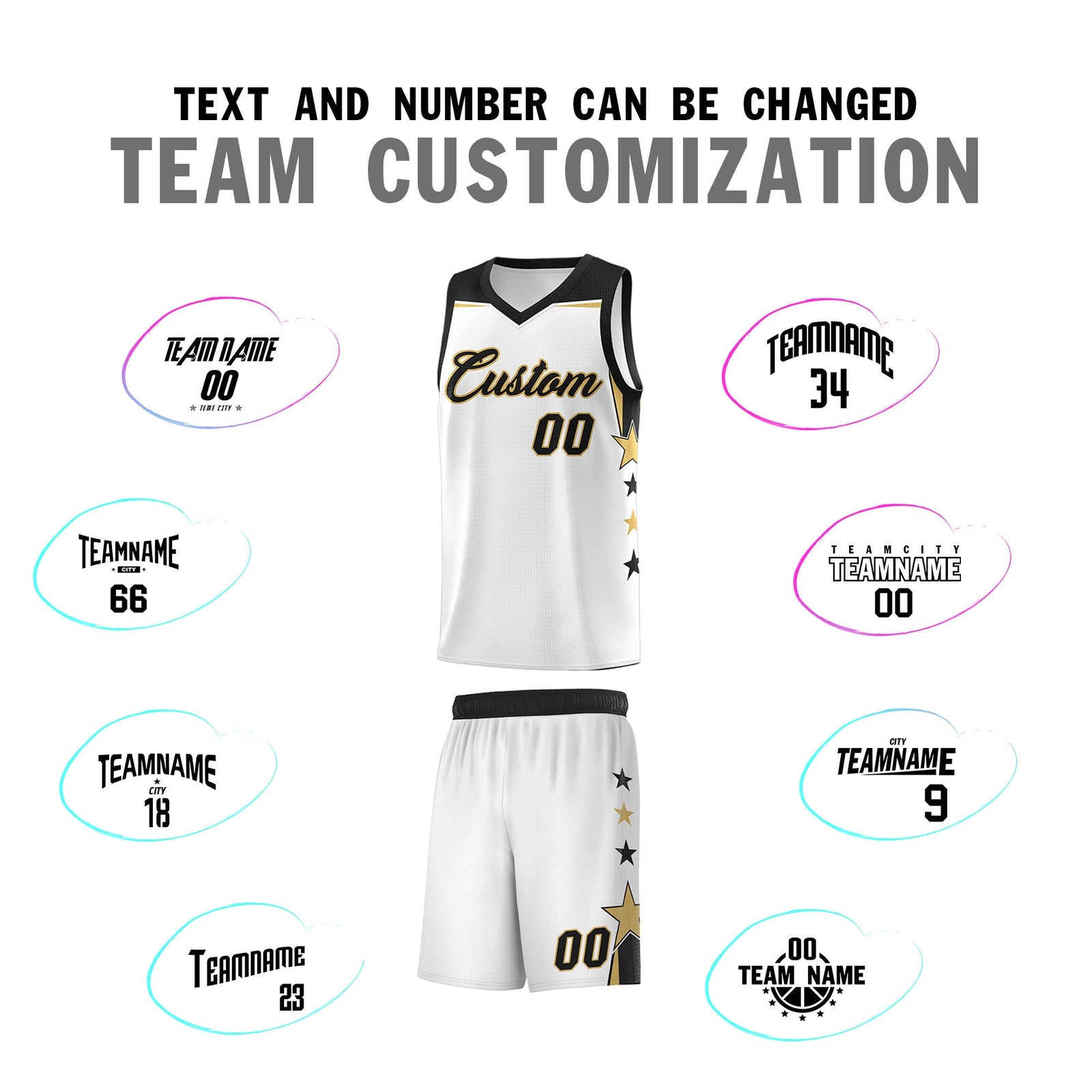 Custom Youth Basketball Uniform White Black Two Tone Side Star Add Name Number & Logo