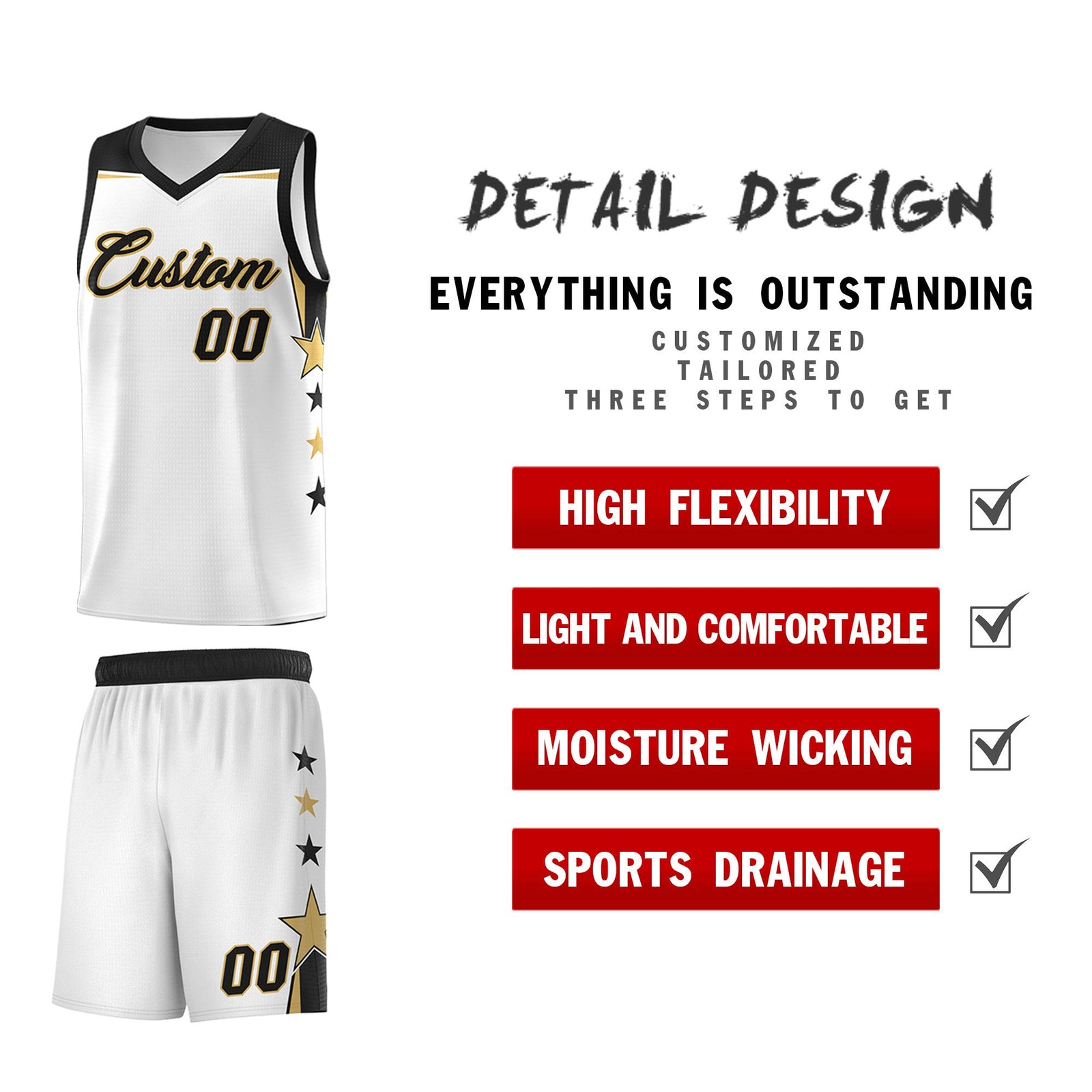 Custom Youth Basketball Uniform White Black Two Tone Side Star Add Name Number & Logo