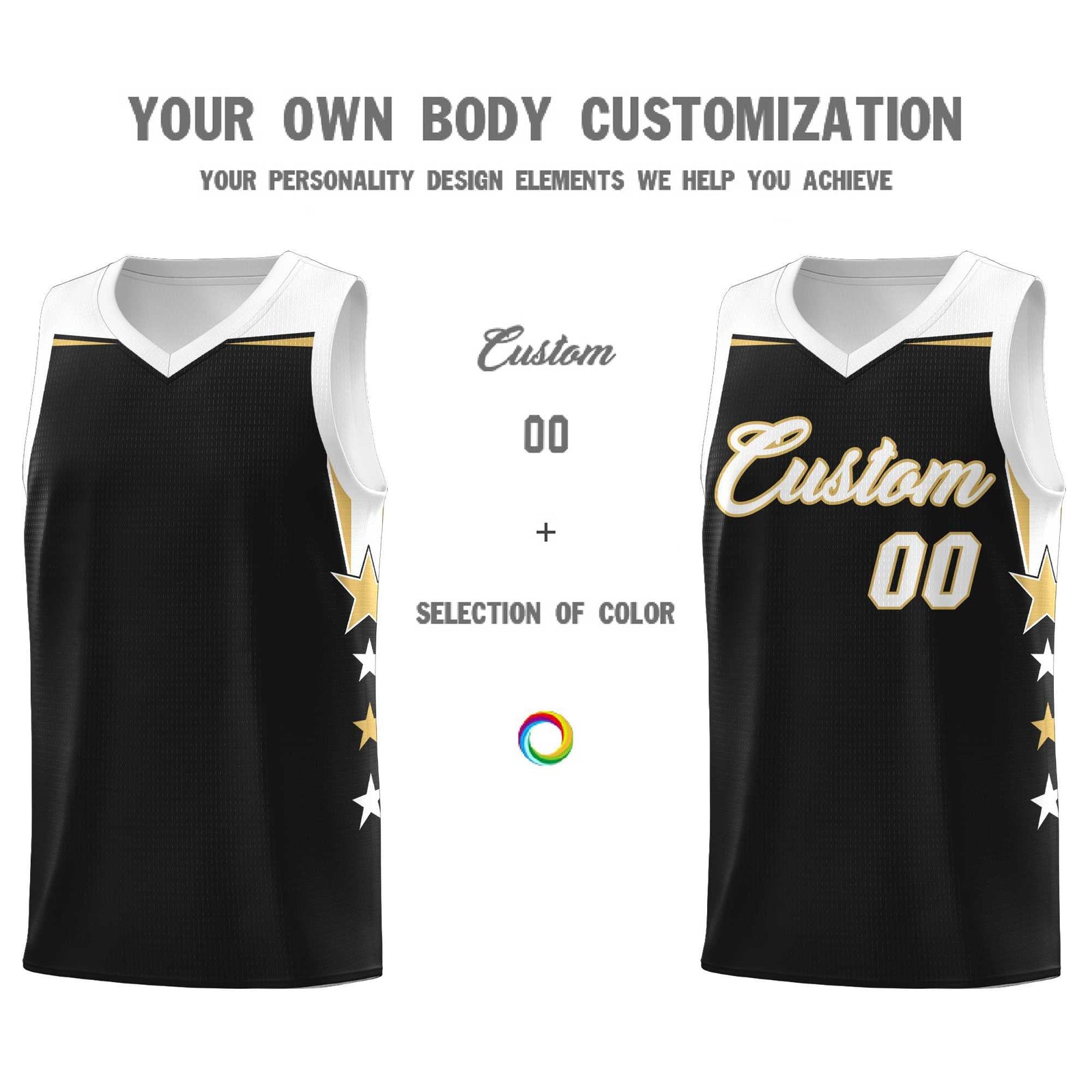 Custom Youth Basketball Uniform Black White Two Tone Side Star Personalized Team Jersey