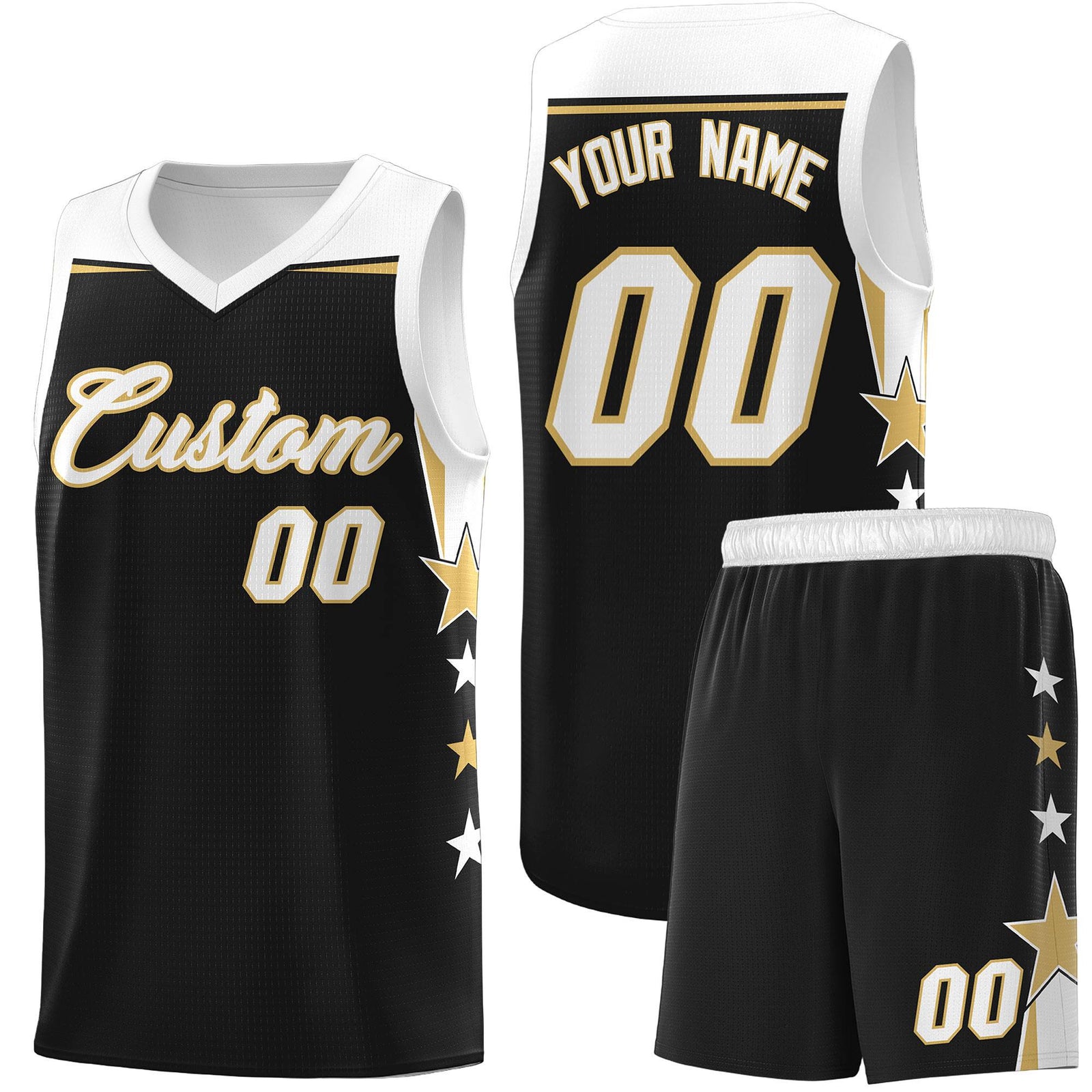 Custom Youth Basketball Uniform Black White Two Tone Side Star Personalized Team Jersey