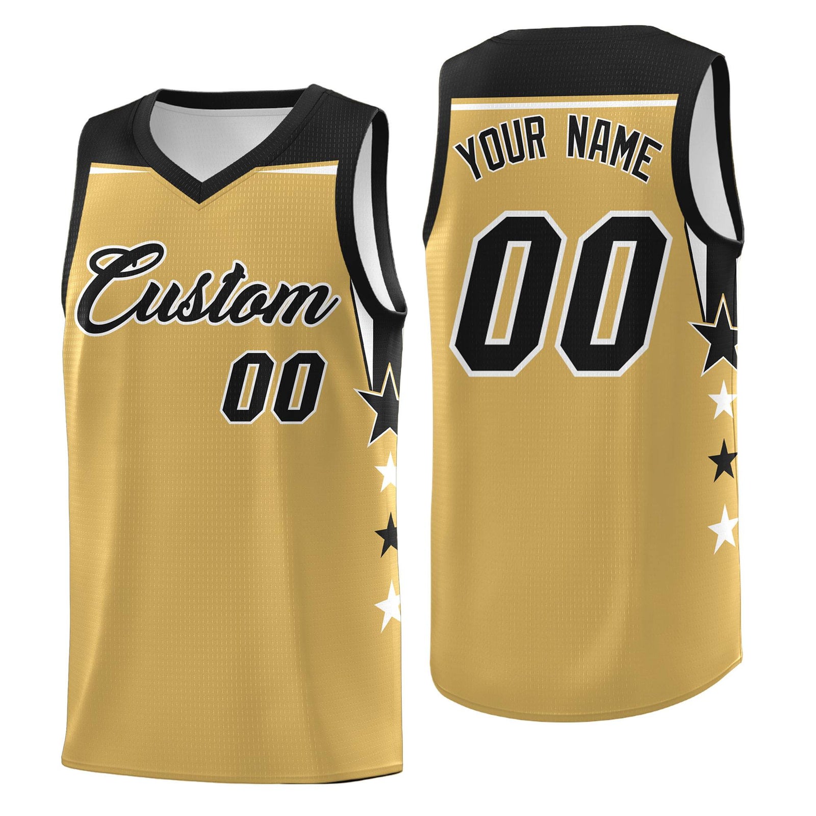 Custom Youth Basketball Uniform Old Gold Black Two Tone Side Star Color Block Team Jersey