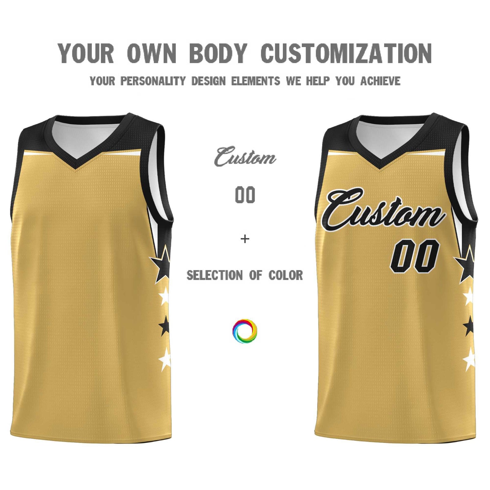 Custom Youth Basketball Uniform Old Gold Black Two Tone Side Star Color Block Team Jersey