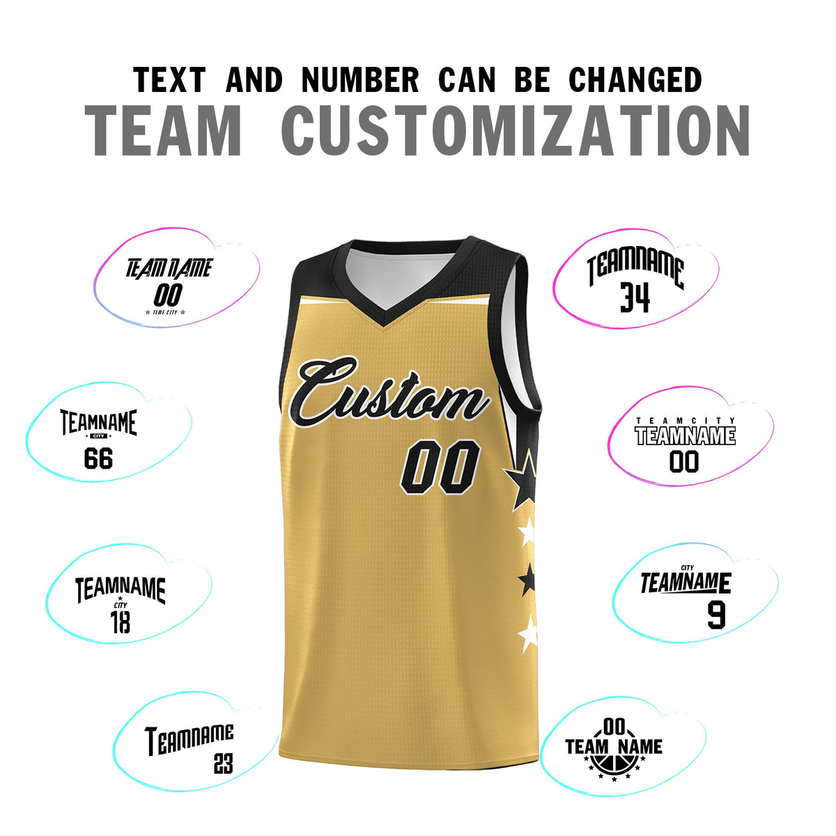 Custom Youth Basketball Uniform Old Gold Black Two Tone Side Star Color Block Team Jersey