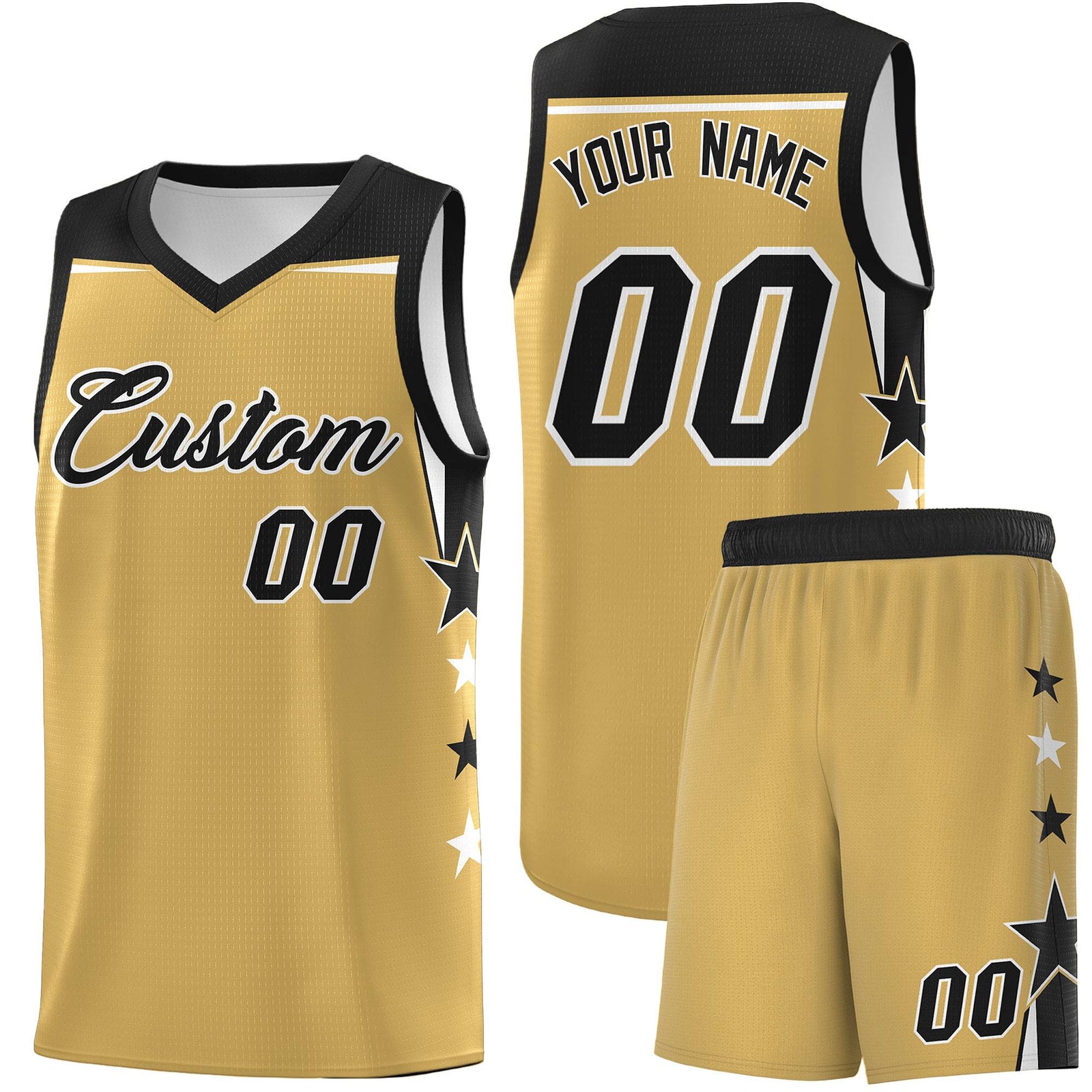 Custom Youth Basketball Uniform Old Gold Black Two Tone Side Star Color Block Team Jersey