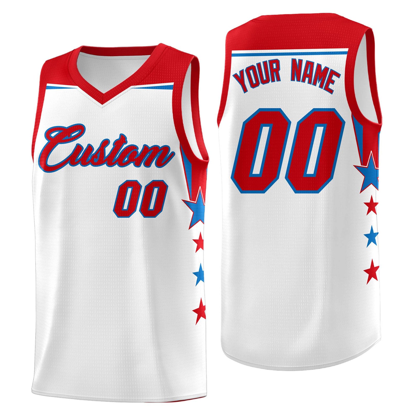 Custom Youth Basketball Uniform White Red Two Tone Side Star Add Name Number & Logo