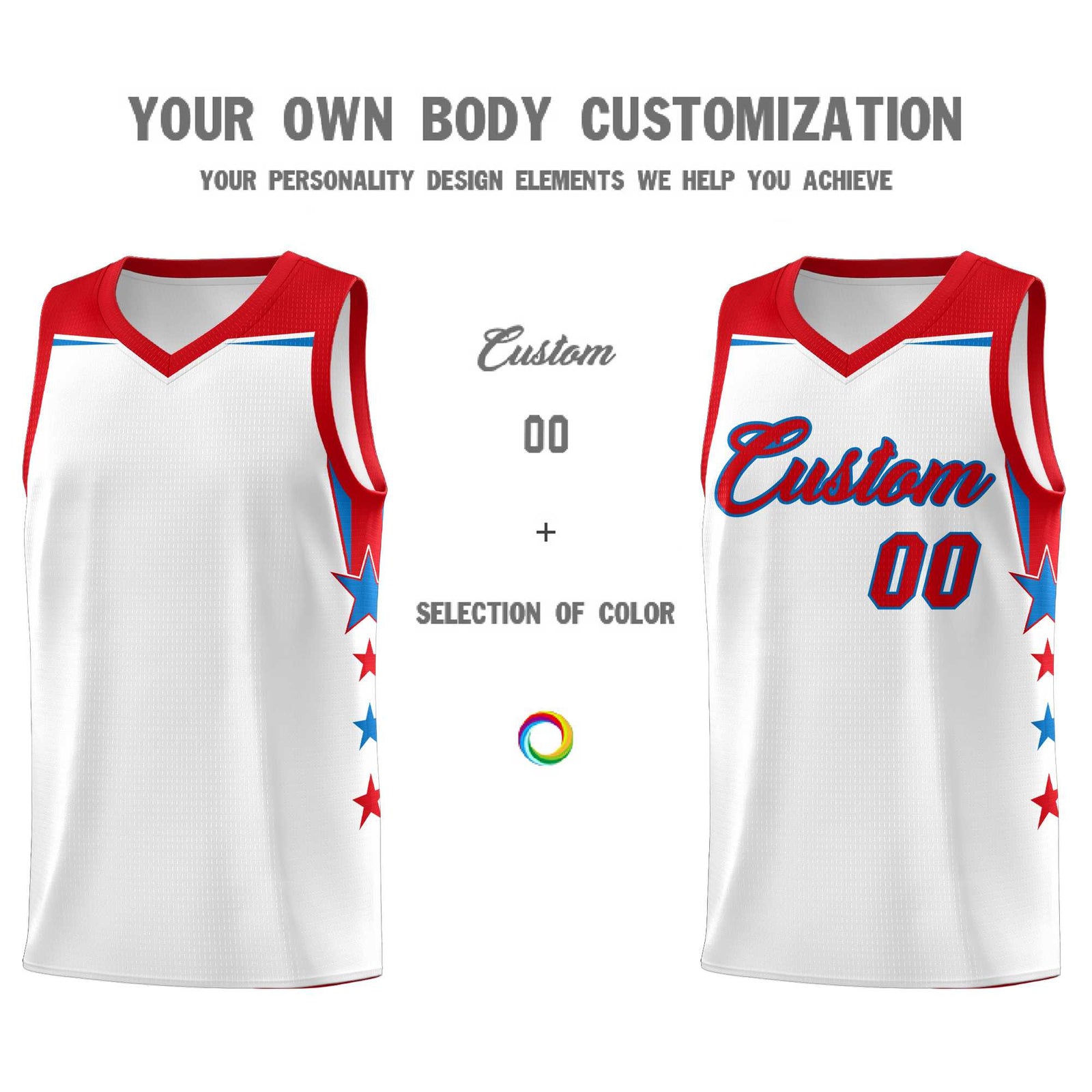Custom Youth Basketball Uniform White Red Two Tone Side Star Add Name Number & Logo